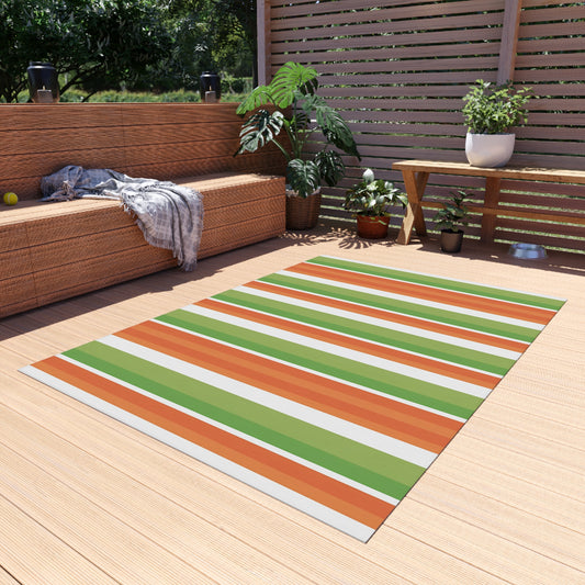 Green Orange White Stripe Outdoor/Indoor Rug | Patio Mat, Weather-Resistant