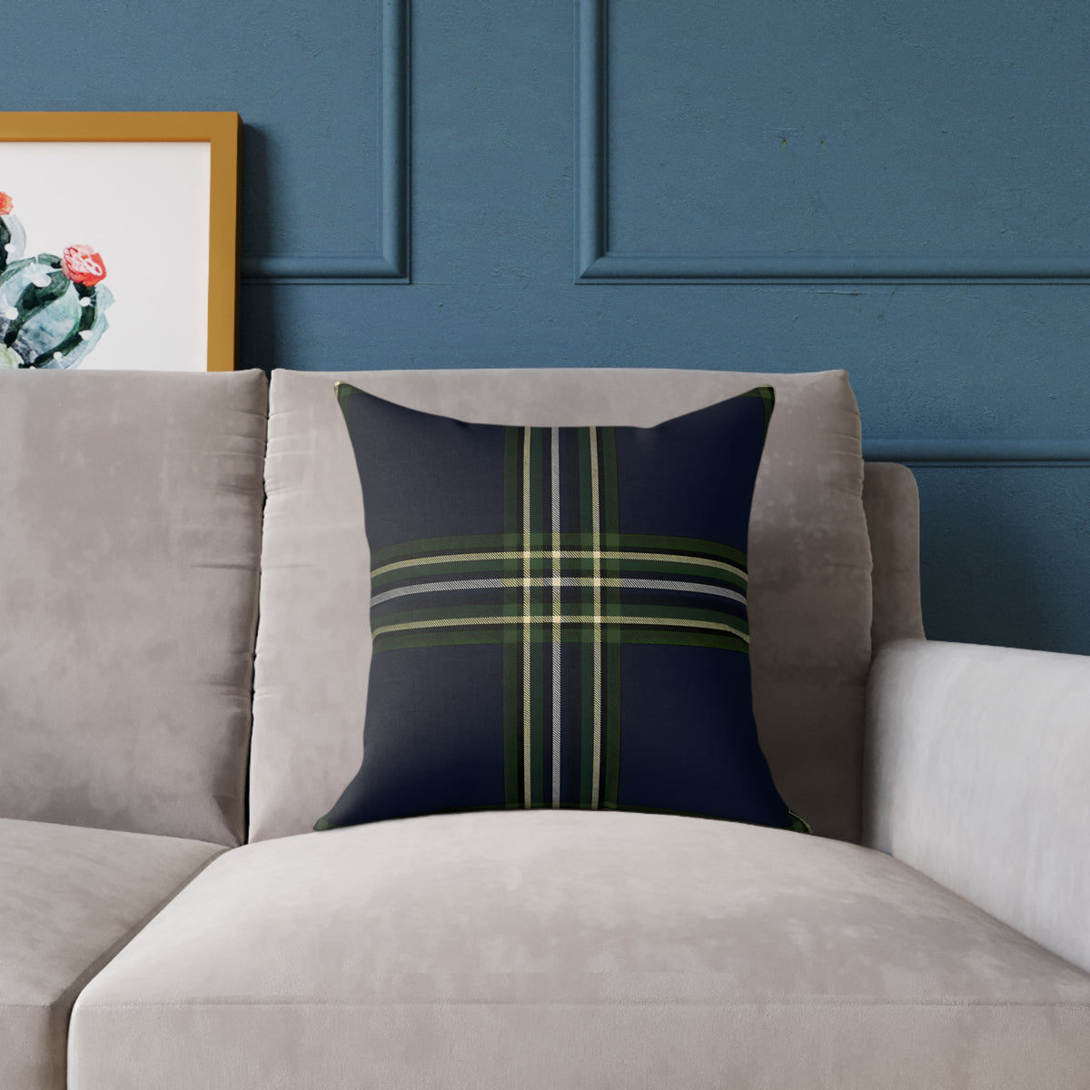 Green Navy Black Beige White Plaid Throw Pillow | Square Poly Canvas Pillow