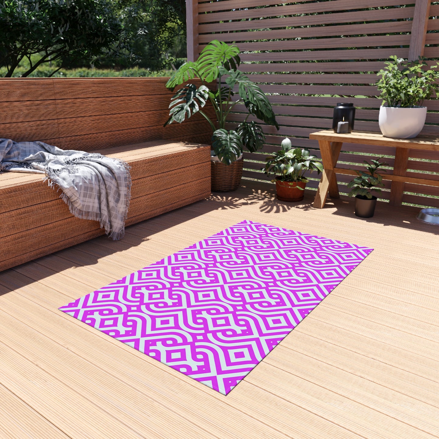 Geometric Moroccan Tile Outdoor/Indoor Rug | Magenta Pink White Patterned Patio Mat
