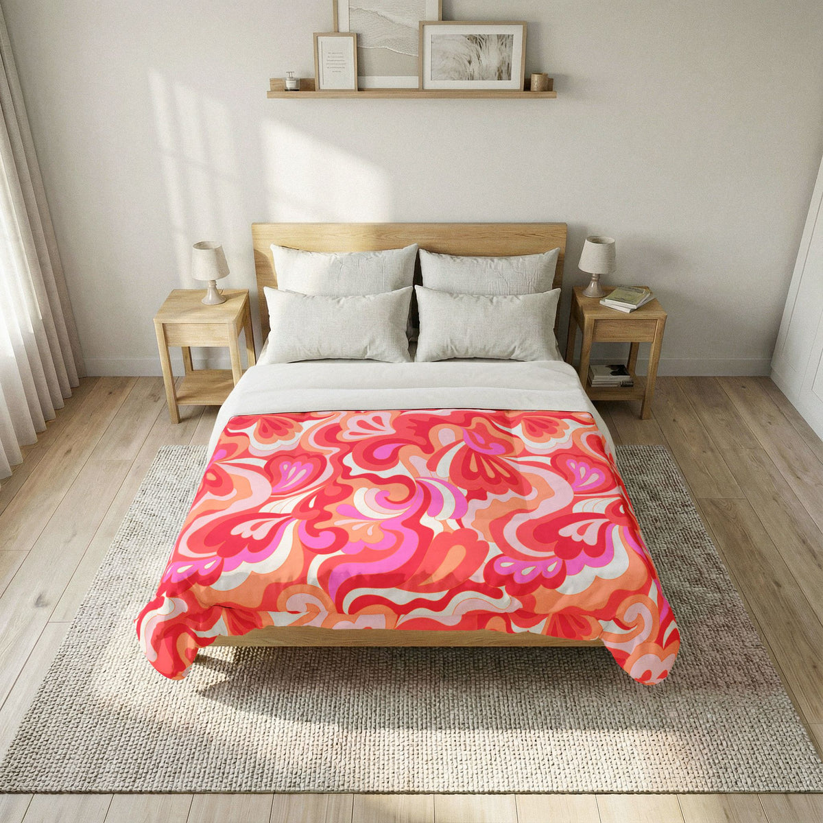 Retro Pink Red Orange Floral Swirl Cotton Comforter | Psychedelic Abstract Pattern