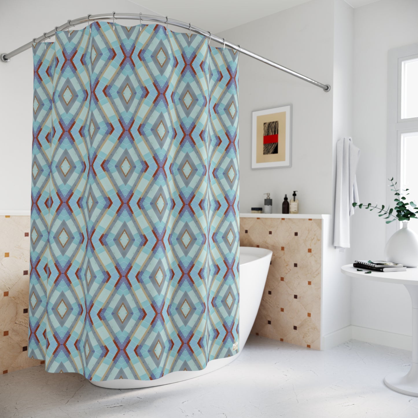 Blue Purple Dark Red Geometric Diamond Pattern Shower Curtain | Midcentury Modern