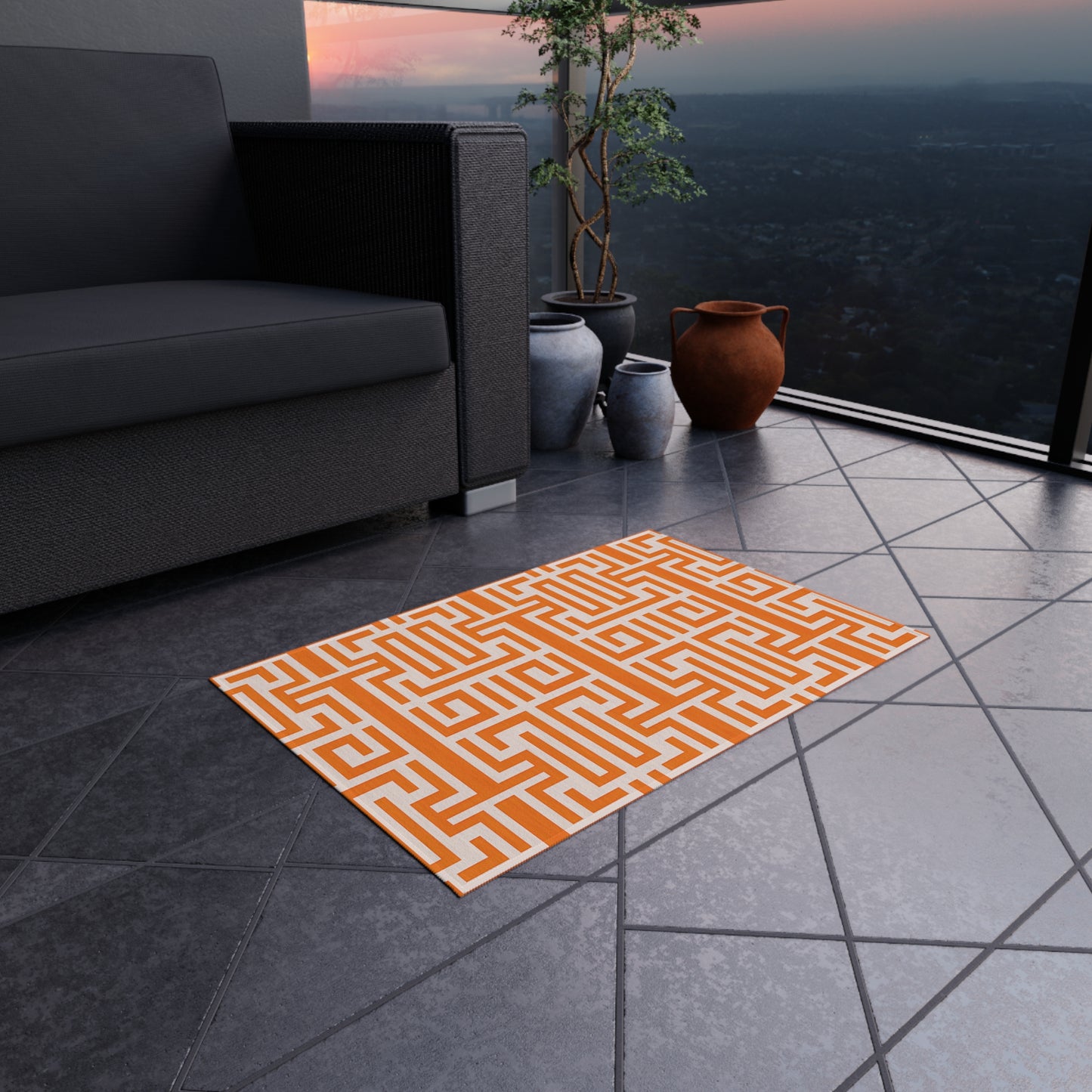 Orange and White Stylish Outdoor Rug for Patios, Bohemian Decor, Porch Mat, Beachside Accessory, Garden Furniture Enhancement