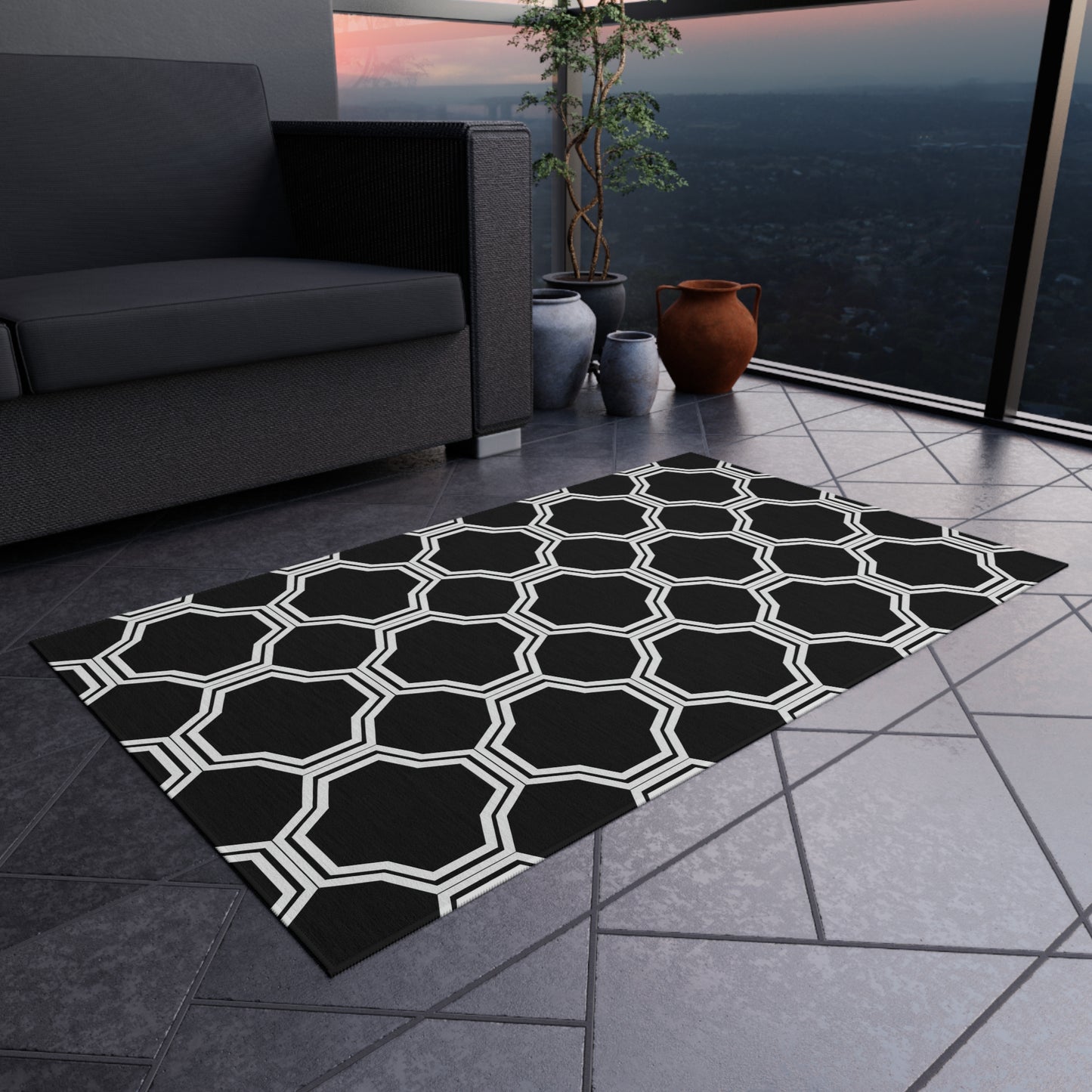Black Geometric Trellis Outdoor/Indoor Rug | Octagon Pattern Patio Mat