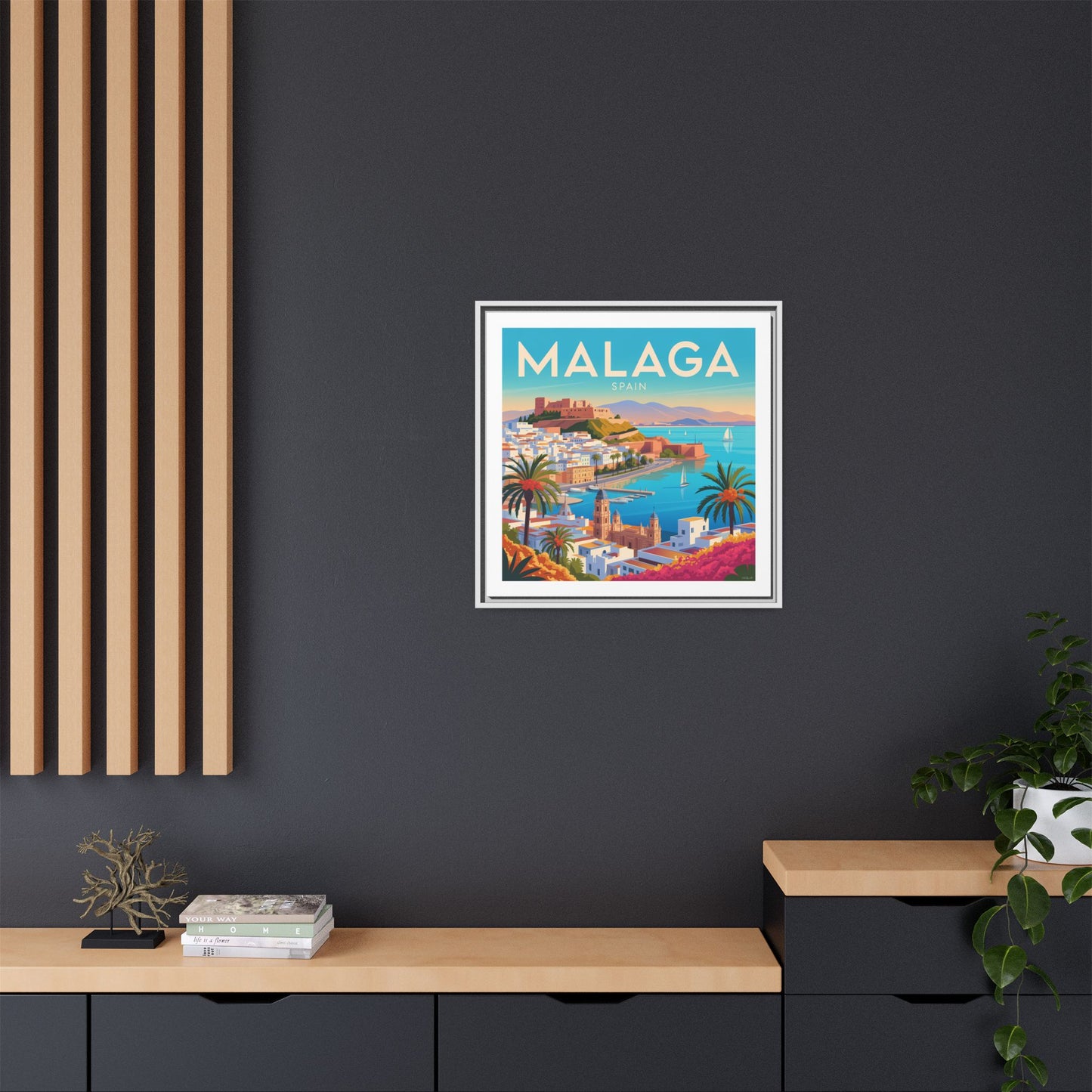 Malaga Spain Coastal  Matte Canvas Framed Wall Art| Vintage Style Travel Art