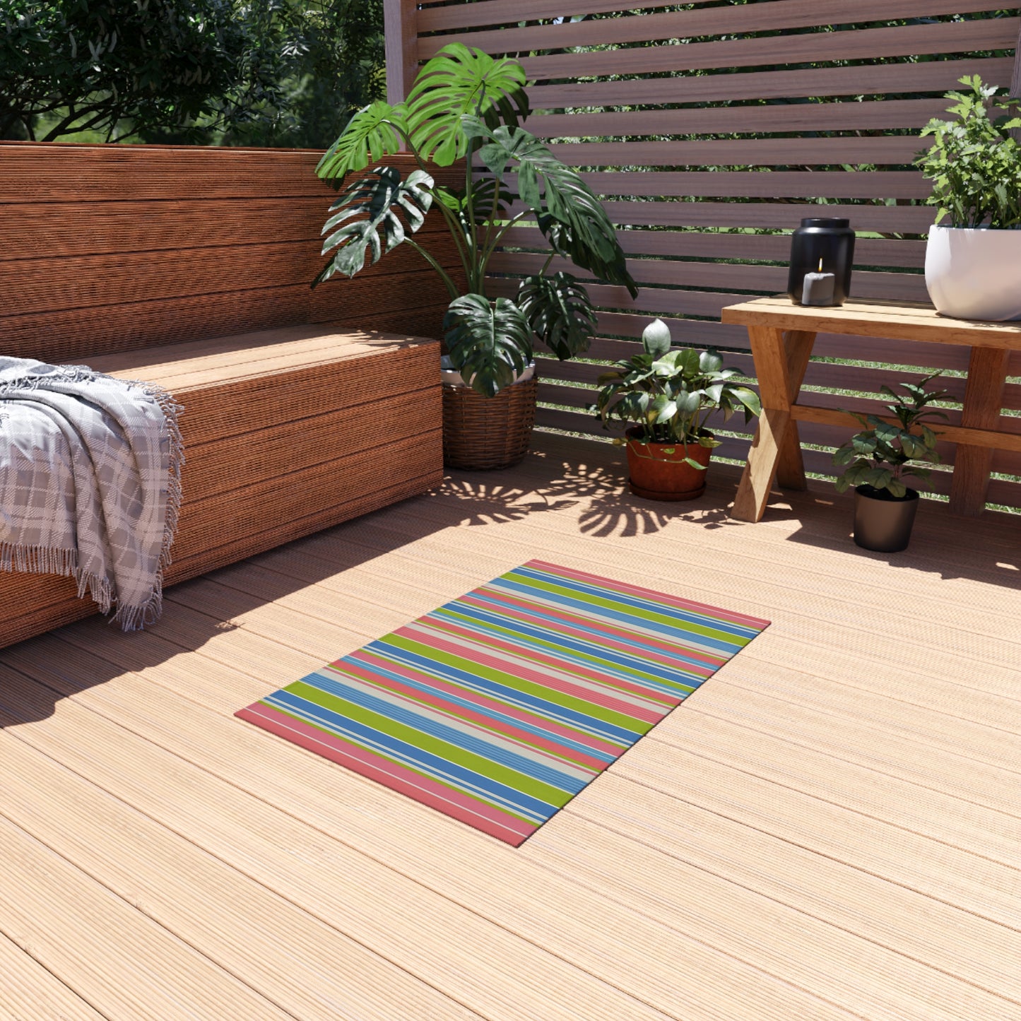 Colorful Striped Outdoor/Indoor Rug | Patio Mat, Weather-Resistant Stripe Design