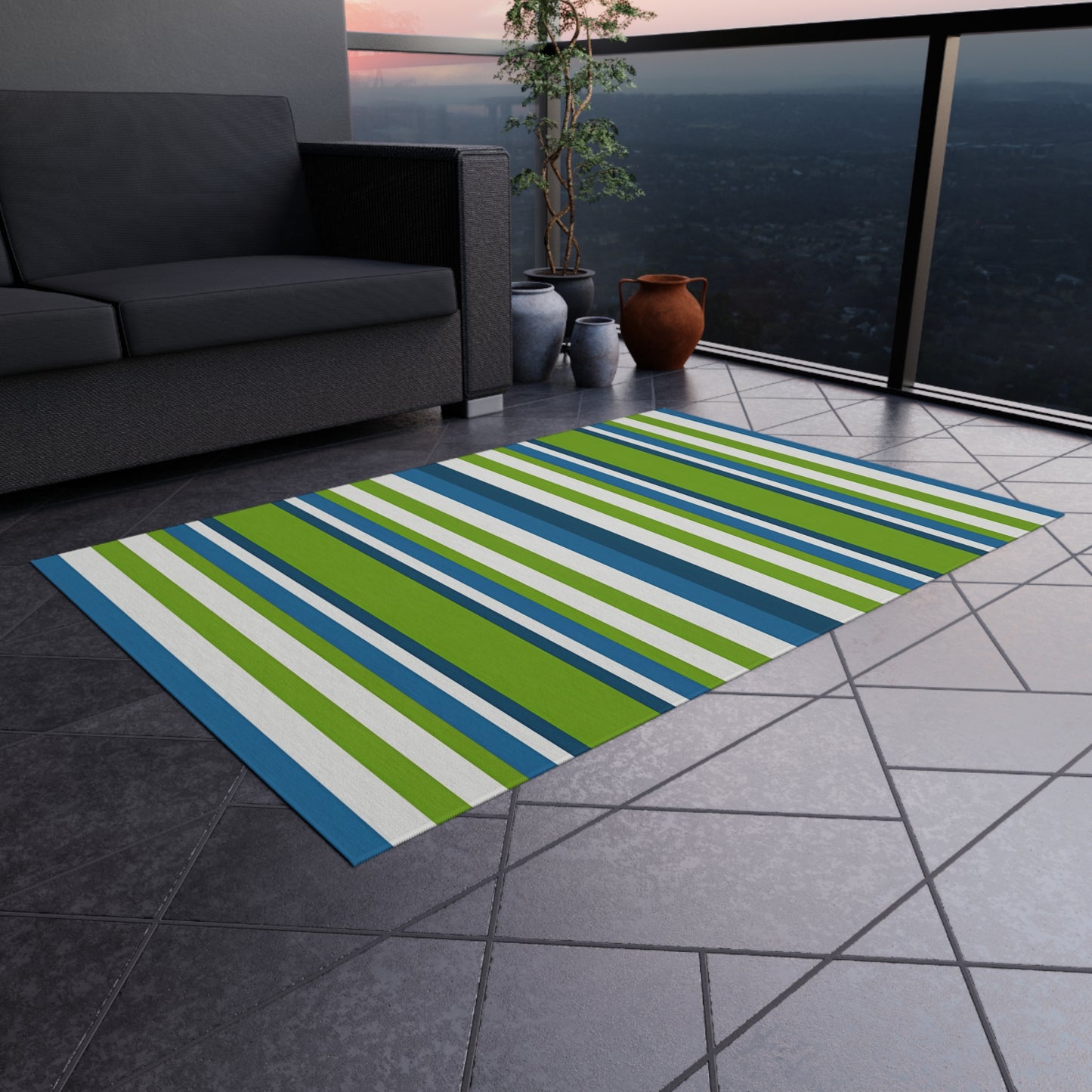 Blue Green Stripe Outdoor/Indoor Rug | Patio Mat, Deck Striped Rug