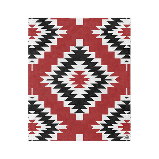 Southwest Diamond Aztec Velveteen Microfiber Blanket | Red Black Geometric
