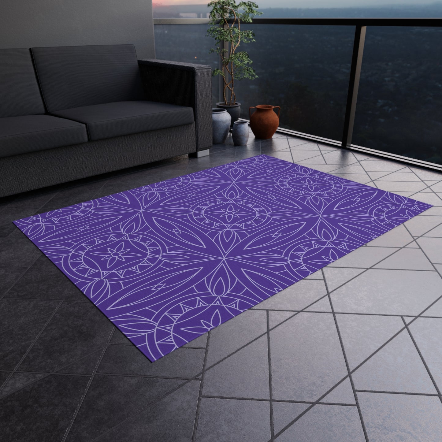 Geometric Floral Tile Indoor/Outdoor Rug | Purple Patio Mat