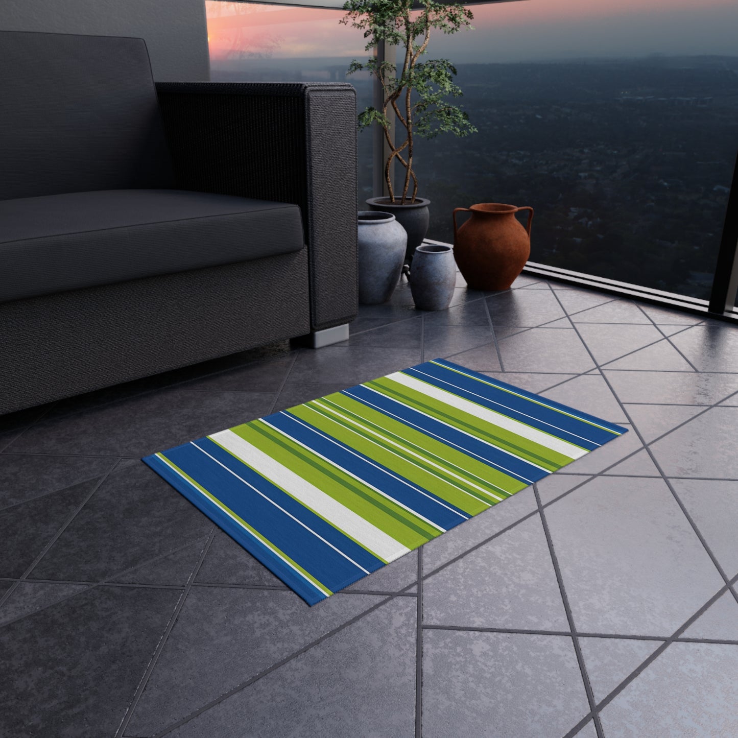 Blue Green Stripe Outdoor/Indoor Rug | Patio Mat, Weatherproof Outdoor Rug