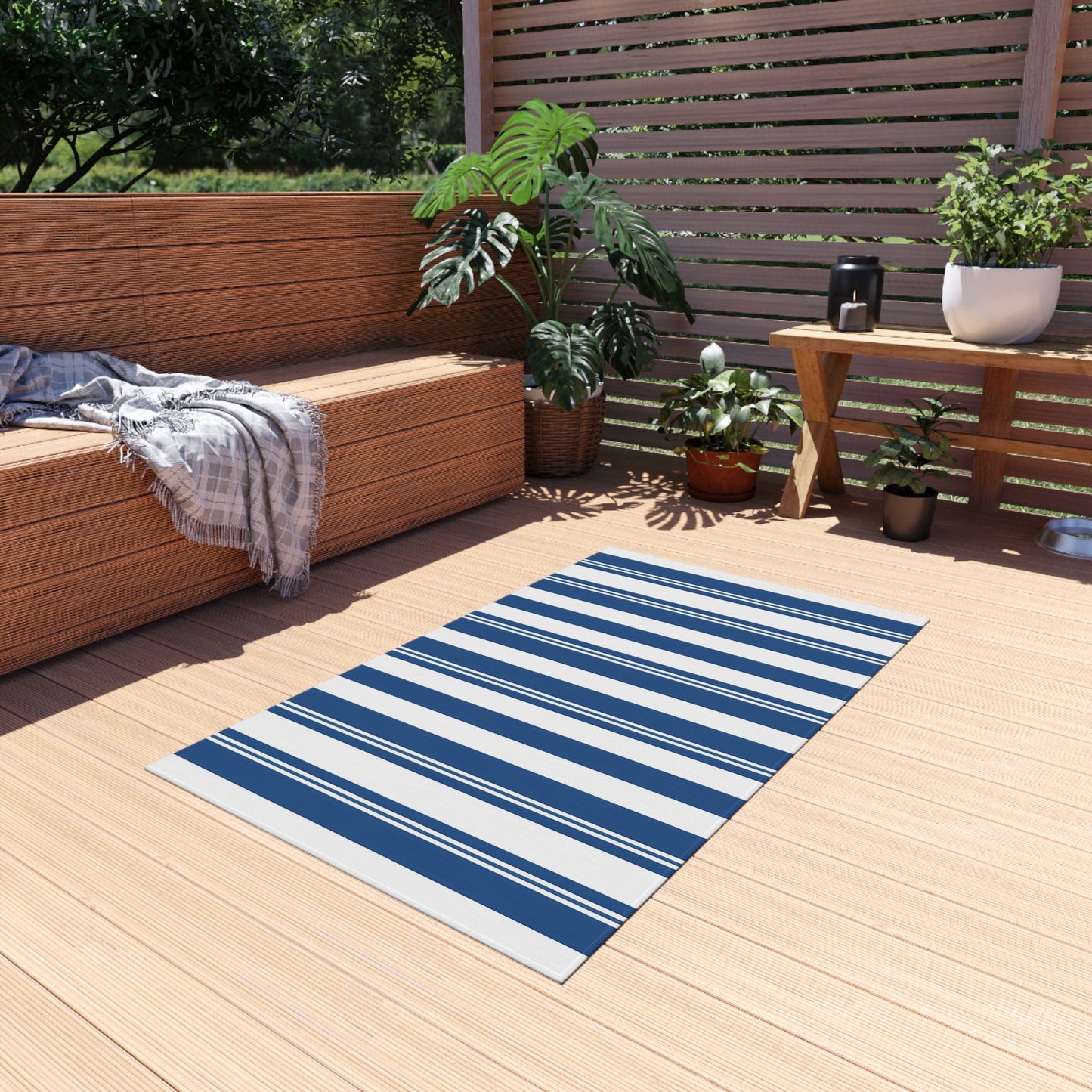 Navy Blue Stripe Outdoor/Indoor Rug | Patio Deck Mat