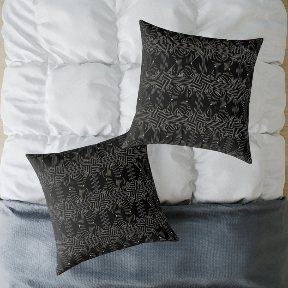 Geometric Black Tile Pattern Square Poly Canvas Pillow | Modern Decorative Throw