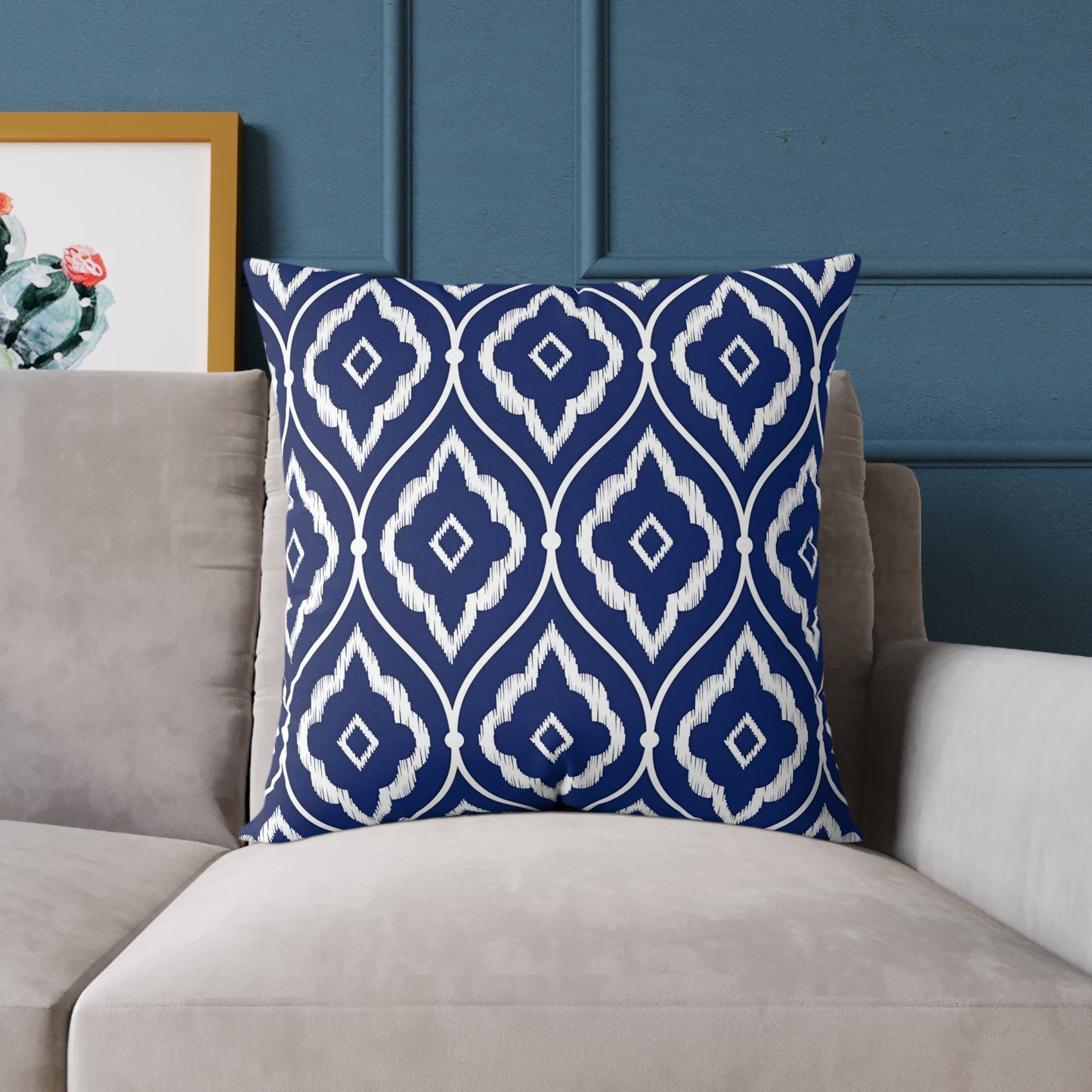 Navy and White Ikat Geometric Pattern Square Pillow | Coastal Home Decor