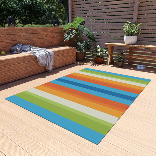 Colorful Vertical Stripe Outdoor/Indoor Rug | Blue Orange Green Patio Mat