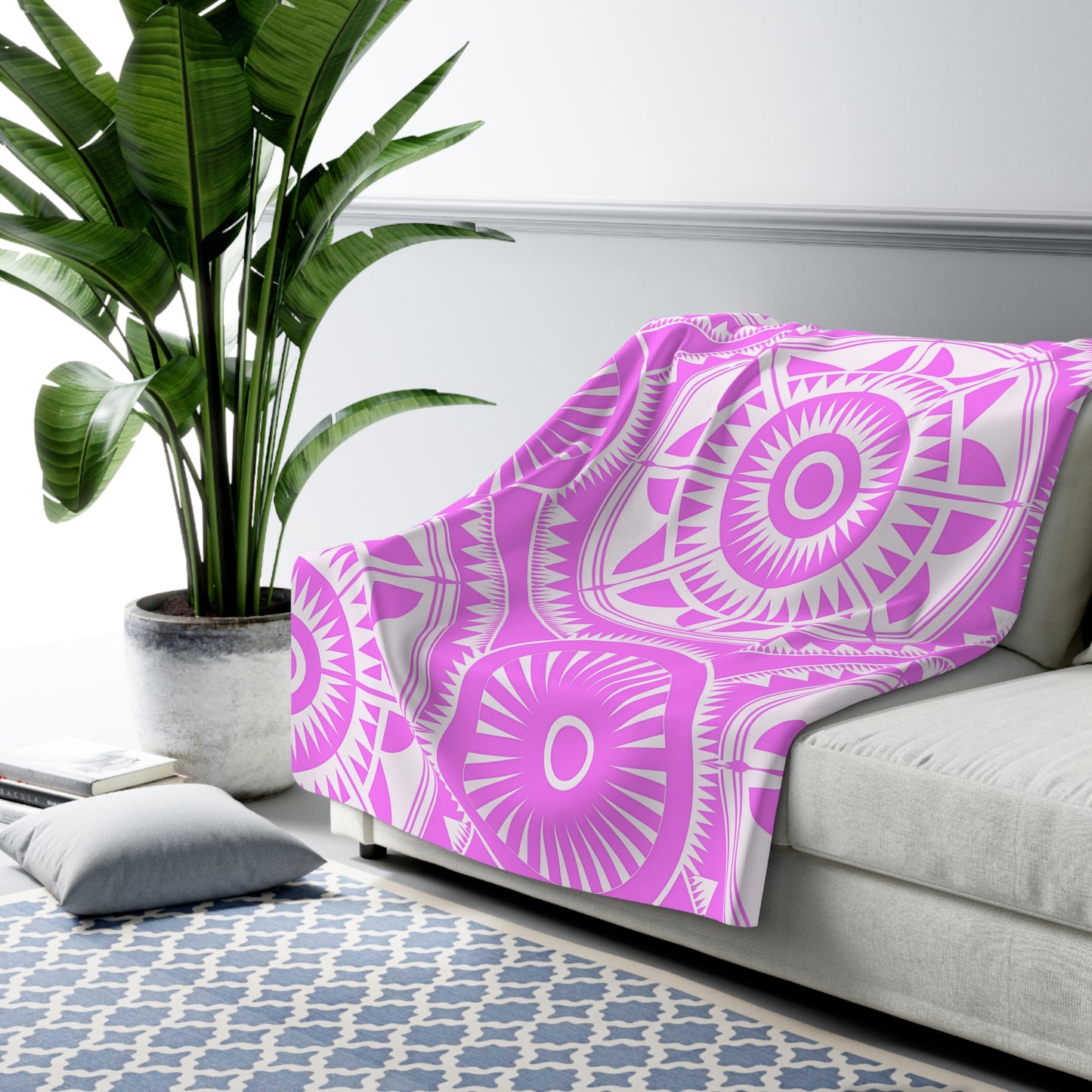 Pink White Mandala Pattern Sherpa Blanket Boho Geometric Throw
