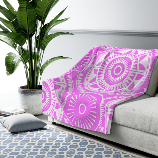 Pink White Mandala Pattern Sherpa Blanket Boho Geometric Throw