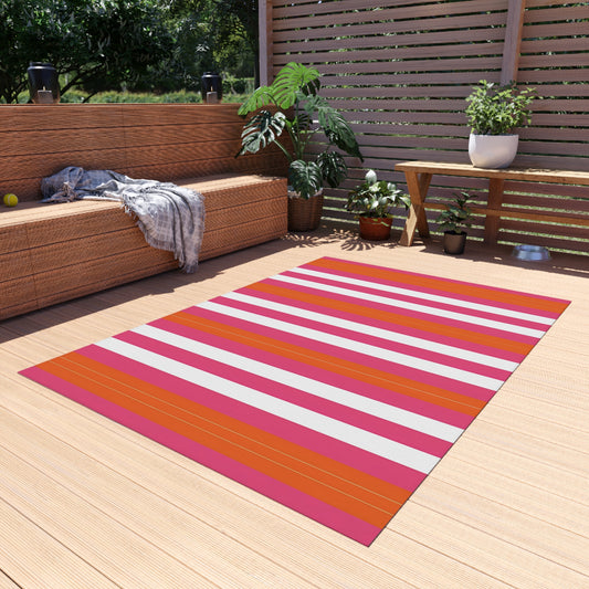 Bright Pink Orange Stripe Outdoor/Indoor Rug | Patio Mat, Weatherproof