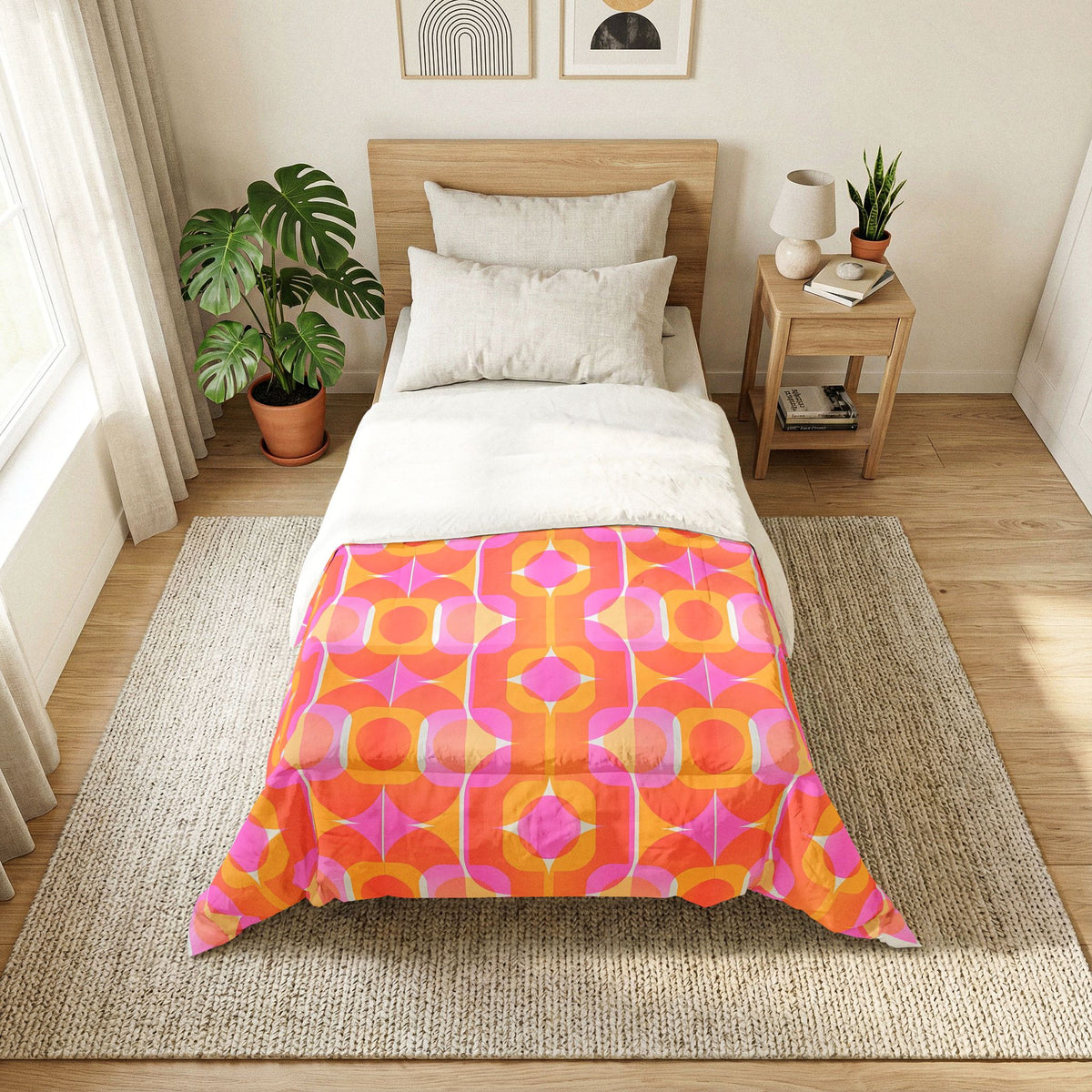 Retro Geometric Pattern Cotton Comforter | Orange Pink Mid Century Bedspread