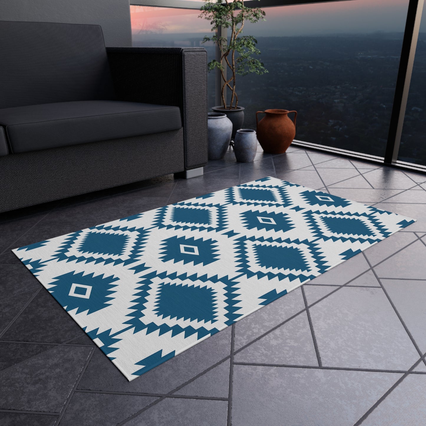 Blue White Aztec Diamond Outdoor/Indoor Rug | Geometric Patio Mat