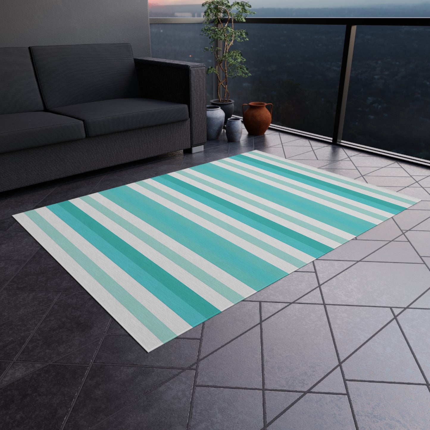 Teal Stripe Outdoor/Indoor Rug | Blue White Striped Patio Mat