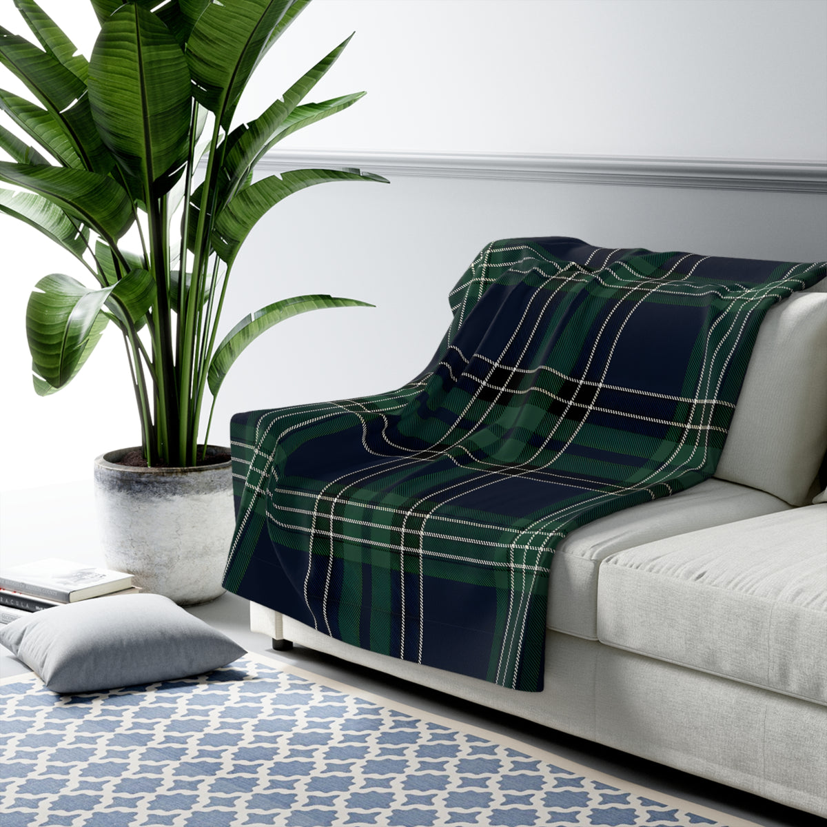 Green Navy Tartan Plaid Blanket | Sherpa Fleece Reversible