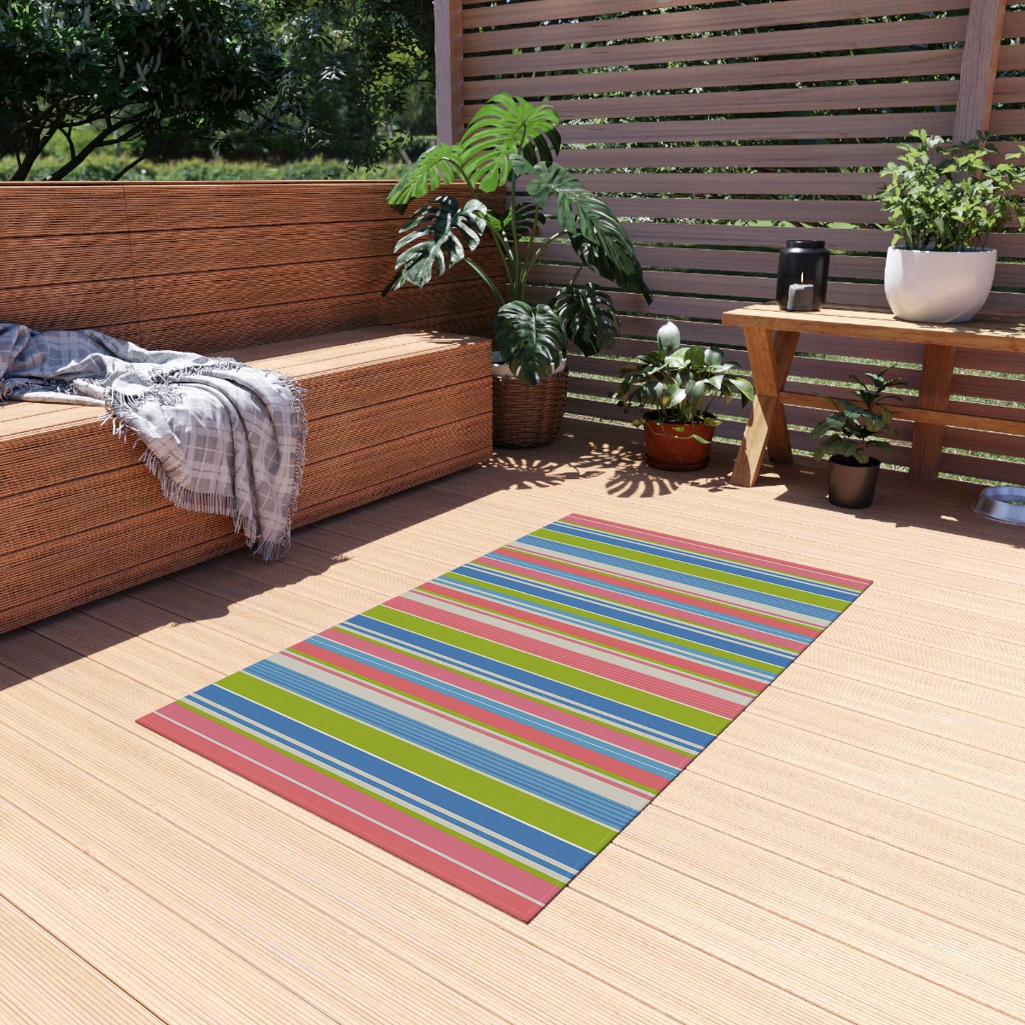 Colorful Striped Outdoor/Indoor Rug | Patio Mat, Weather-Resistant Stripe Design