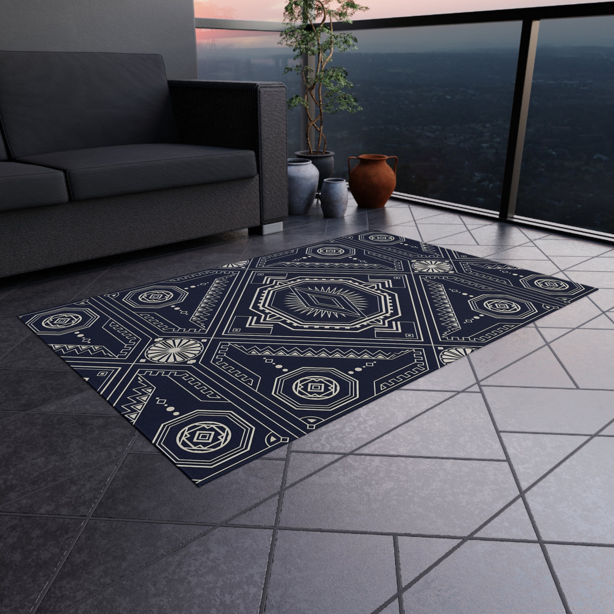 Navy Geometric Medallion Outdoor Rug | Tribal Diamond Pattern