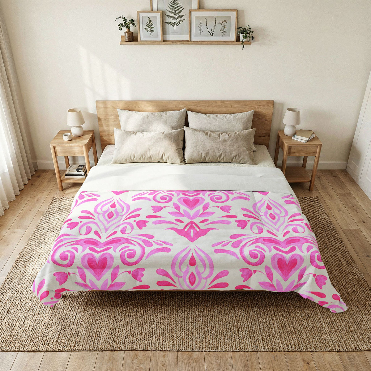 Pink Damask Pattern Cotton Comforter | Floral Heart Motif, Boho Bedroom