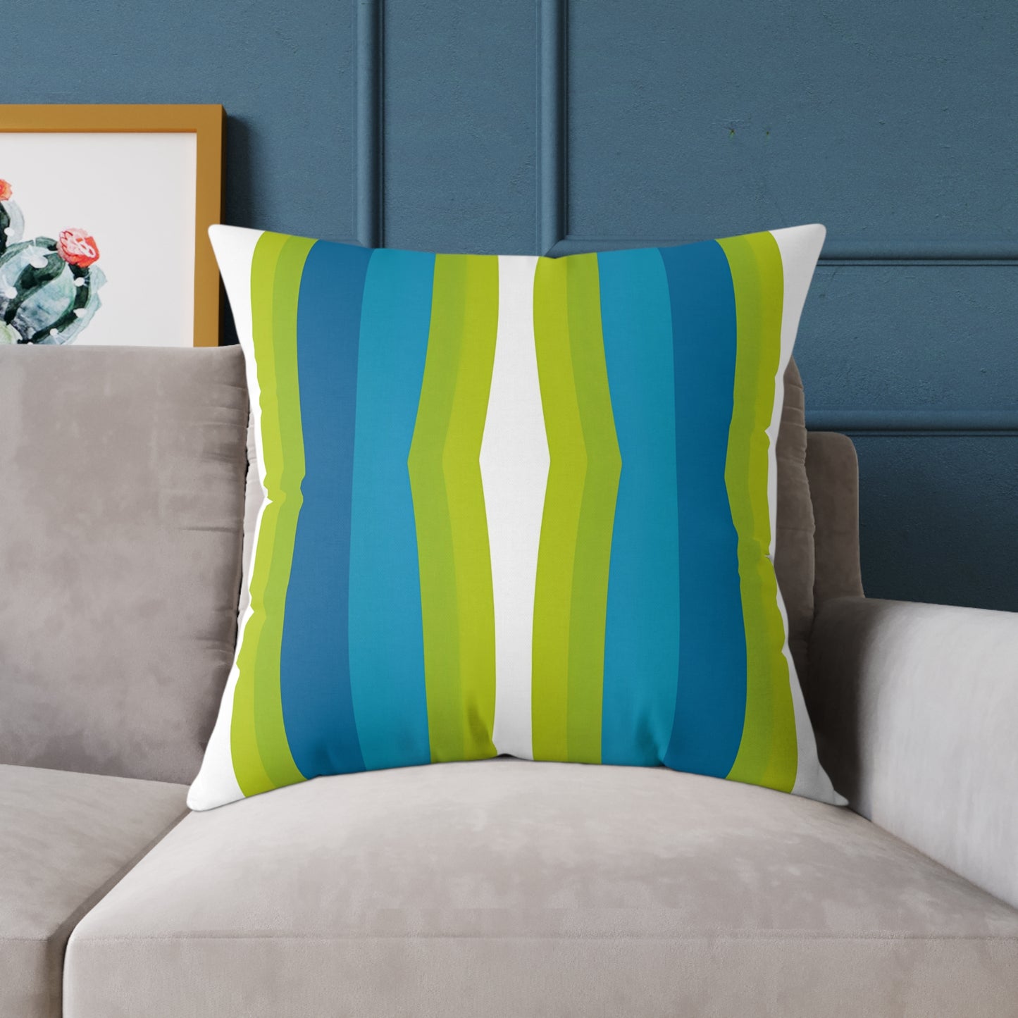 Blue Green Striped Wave Square Poly Canvas Pillow | Modern Geometric Throw Pillow