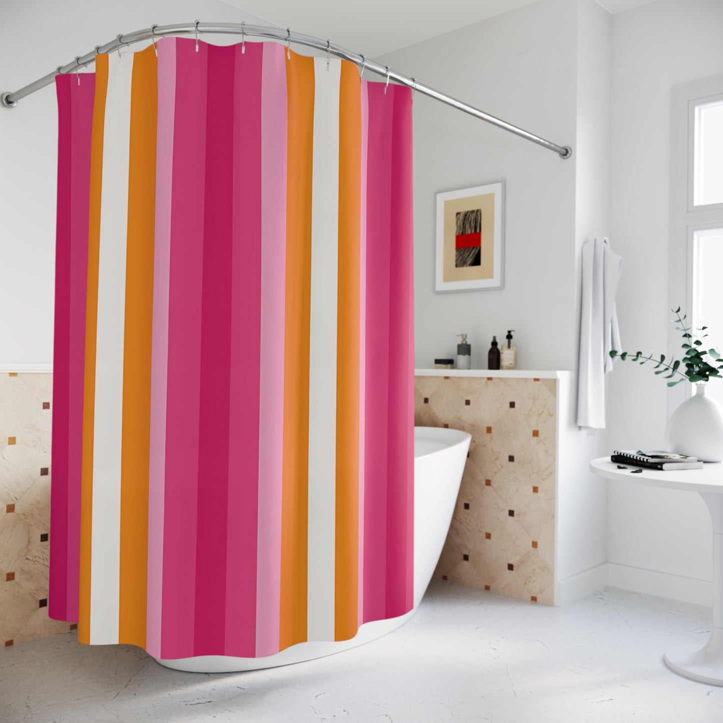 Pink Orange Stripe Shower Curtain | Retro Vertical Stripes Bathroom