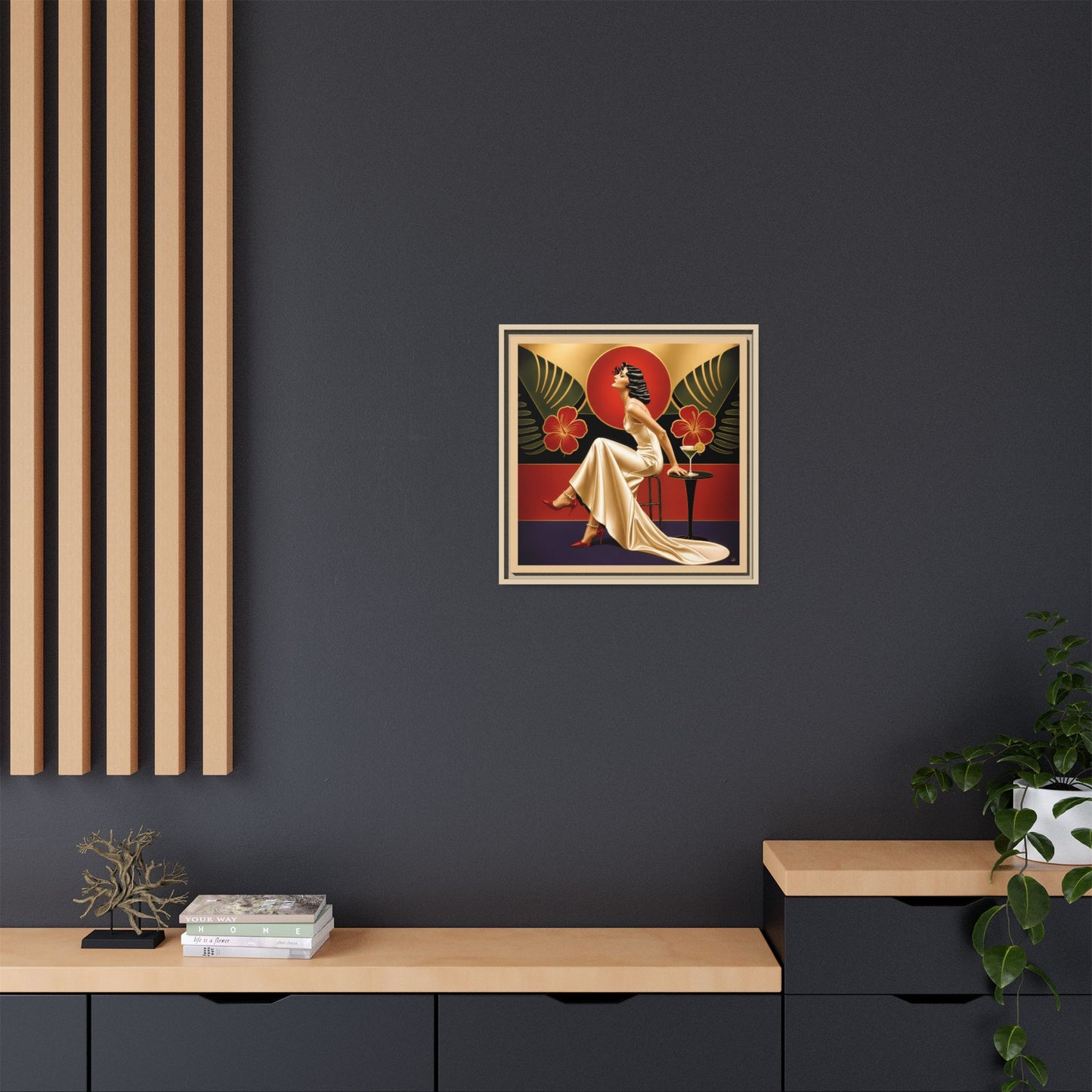 Art Deco Lady Red Green Beige Tropical Canvas Framed Wall Art | Matte Print
