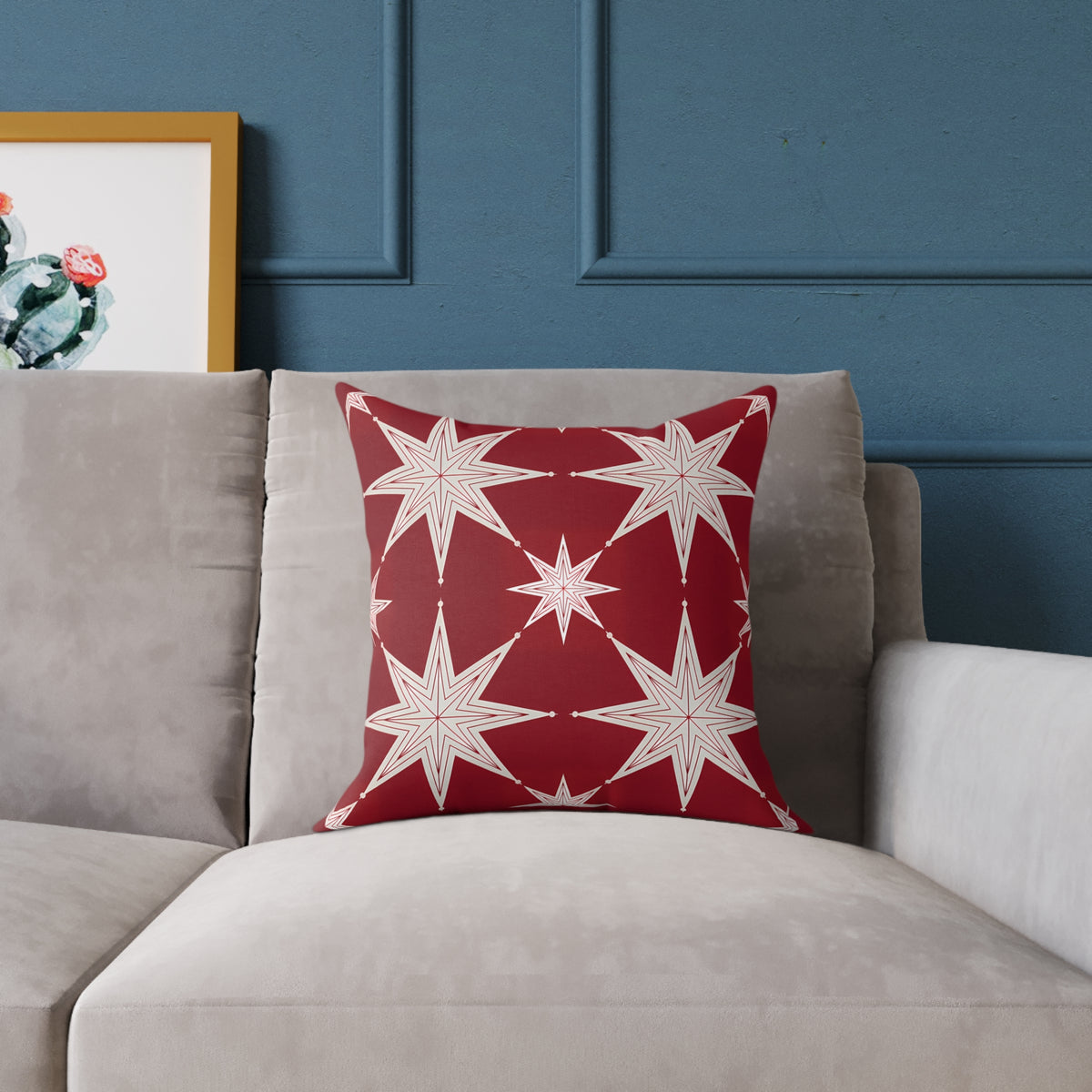 Ivory Starburst Pattern Square Pillow | Red Holiday Throw Cushion