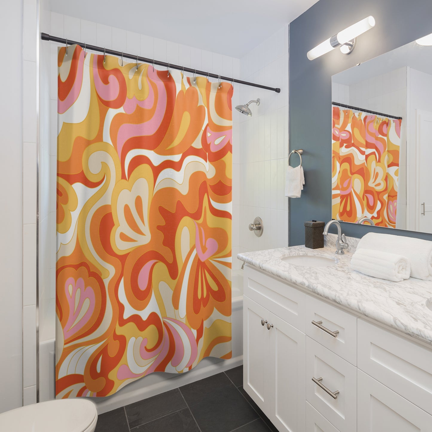 70s Retro Swirl Shower Curtain | Orange Pink Abstract Floral Pattern