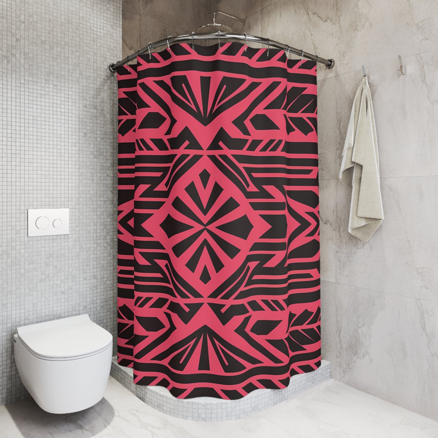 Boho Tribal Black Shower Curtain, Southwest Design on Pink-Red Background Bathroom Decor, Unique Home Accent, Hippie Style Bath Curtain,