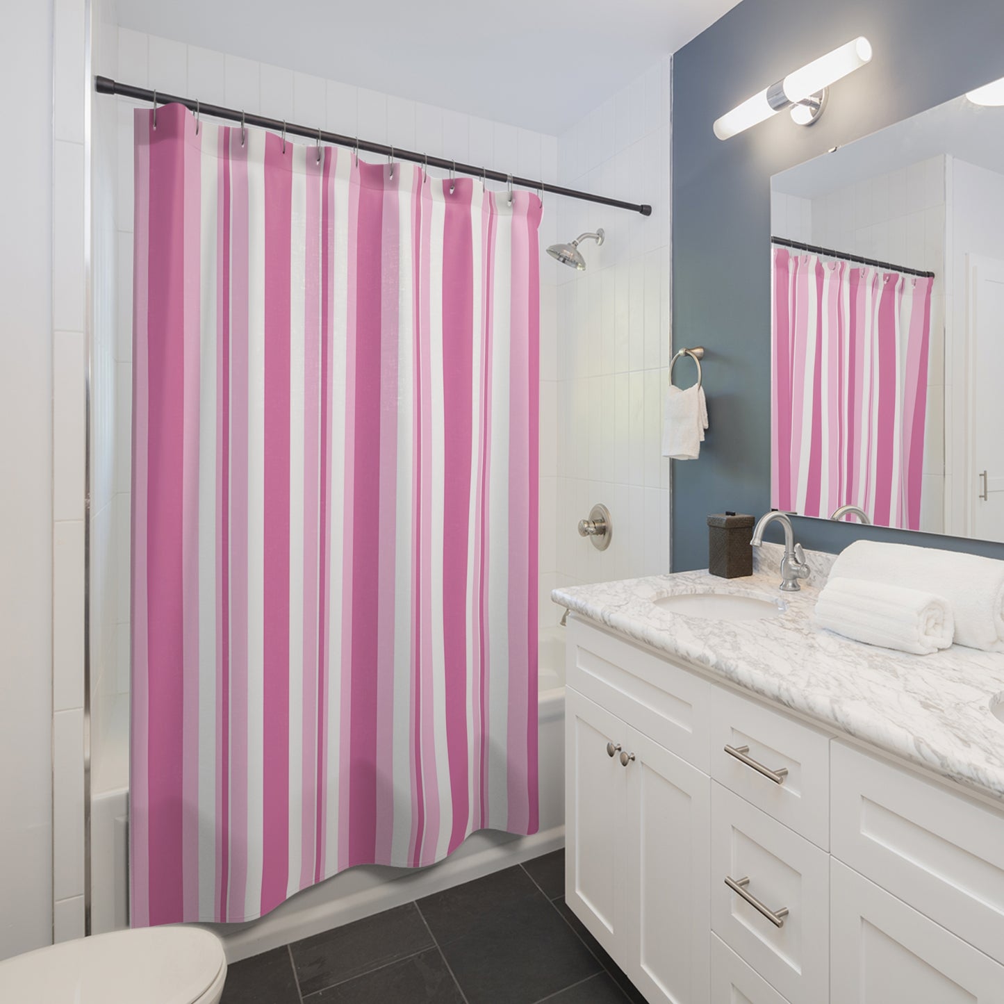 Pink Vertical Stripe Shower Curtain | Pink White Striped Bathroom Curtain