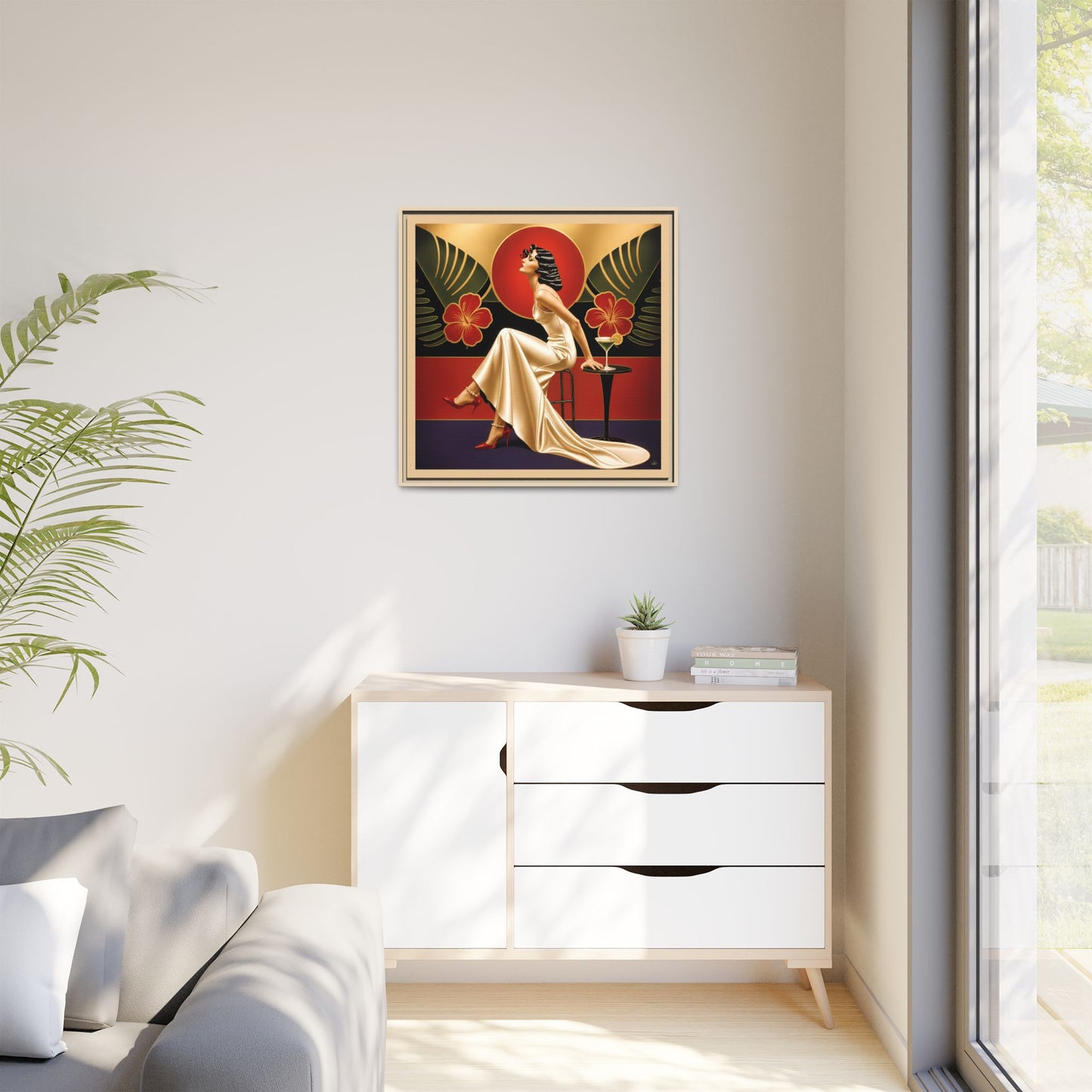 Art Deco Lady Red Green Beige Tropical Canvas Framed Wall Art | Matte Print