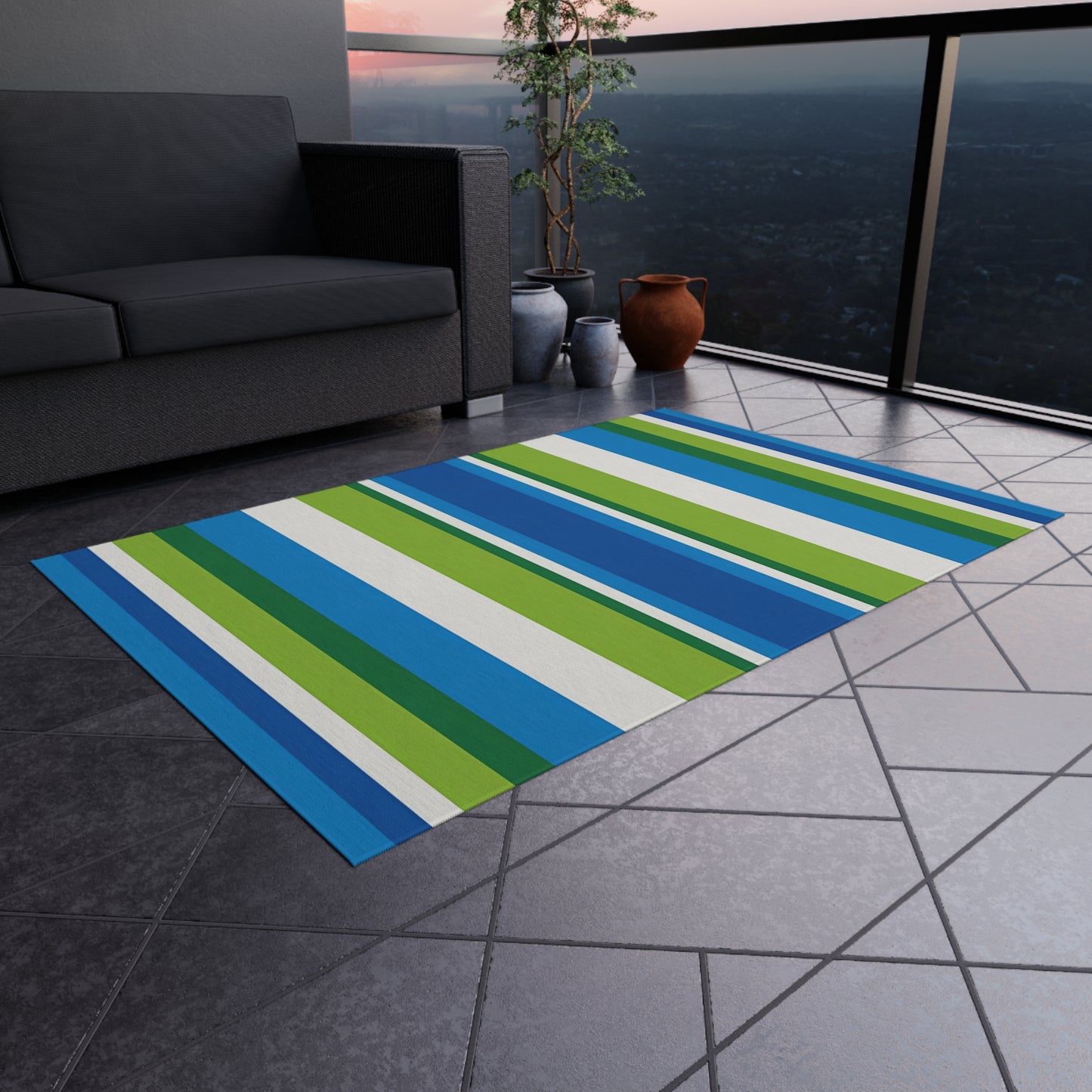 Blue Green Stripe Outdoor/Indoor Rug | Striped Patio Mat, Weatherproof Porch Rug