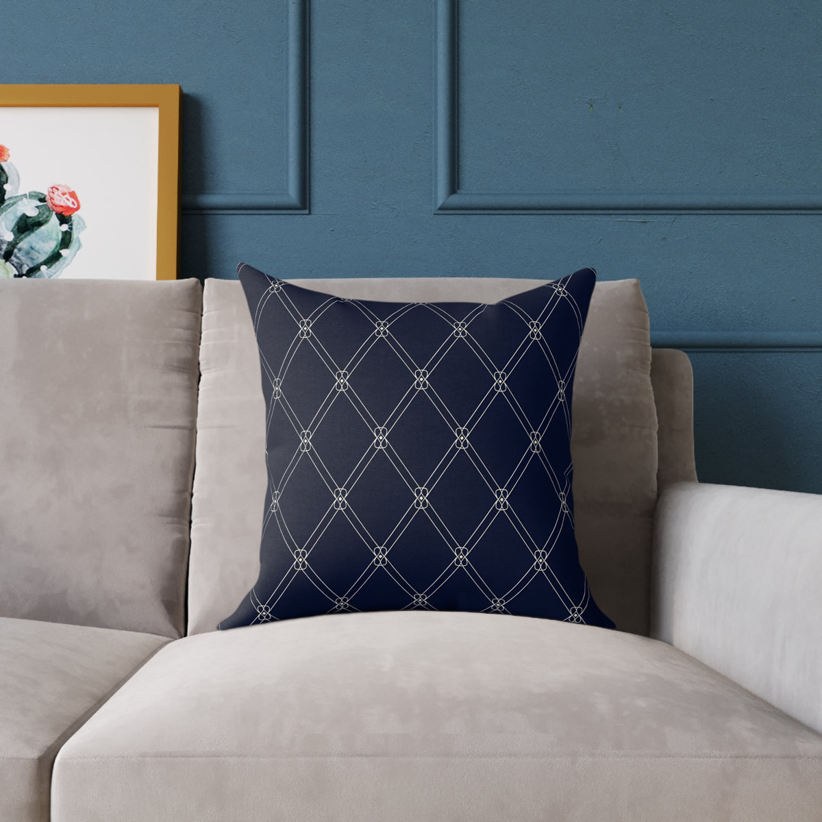 Navy  White Diamond Lattice Pattern Pillow | Square Poly Canvas Pillow