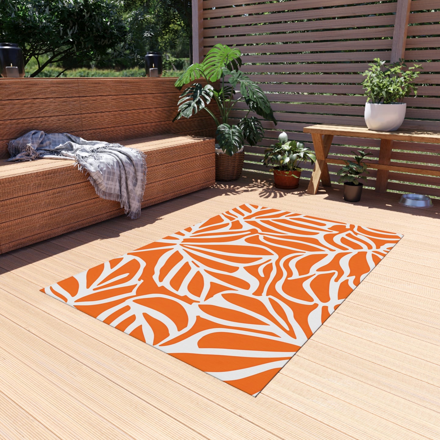 Tropical Leaf Pattern Outdoor/Indoor Rug | Orange White