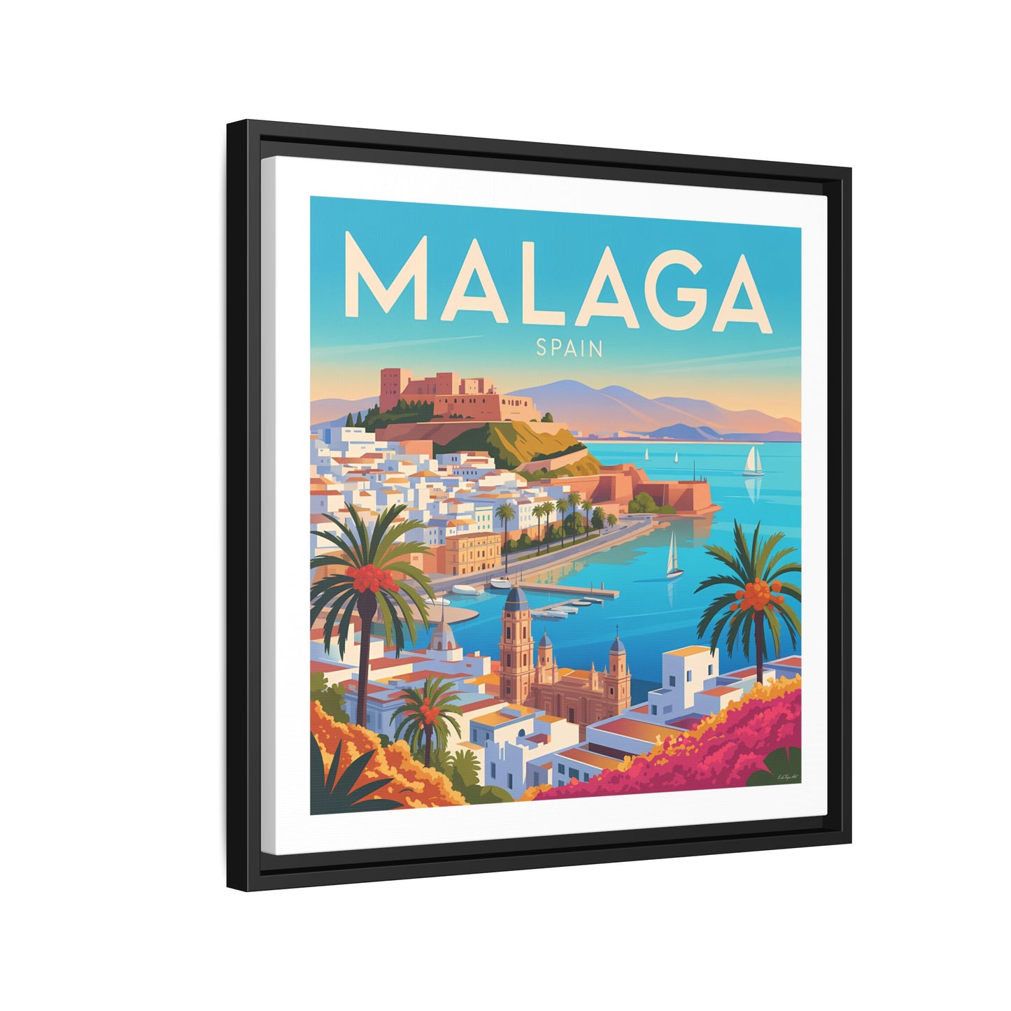 Malaga Spain Coastal  Matte Canvas Framed Wall Art| Vintage Style Travel Art