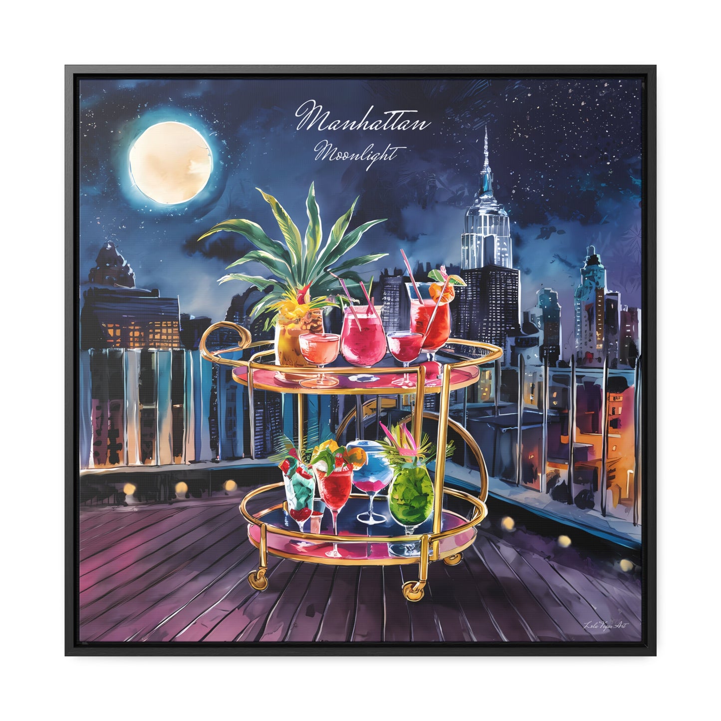 Square Canvas Prints, Rooftop Manhattan Cityscape Wall Art, Bar Cart and Cocktails at Night, Full Moon, Gallery Wrap, Square Frame, Home