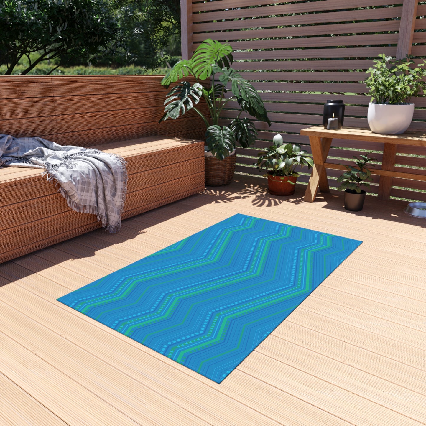 Blue Green Chevron Pattern Outdoor/Indoor Rug | Striped Zigzag Patio Mat