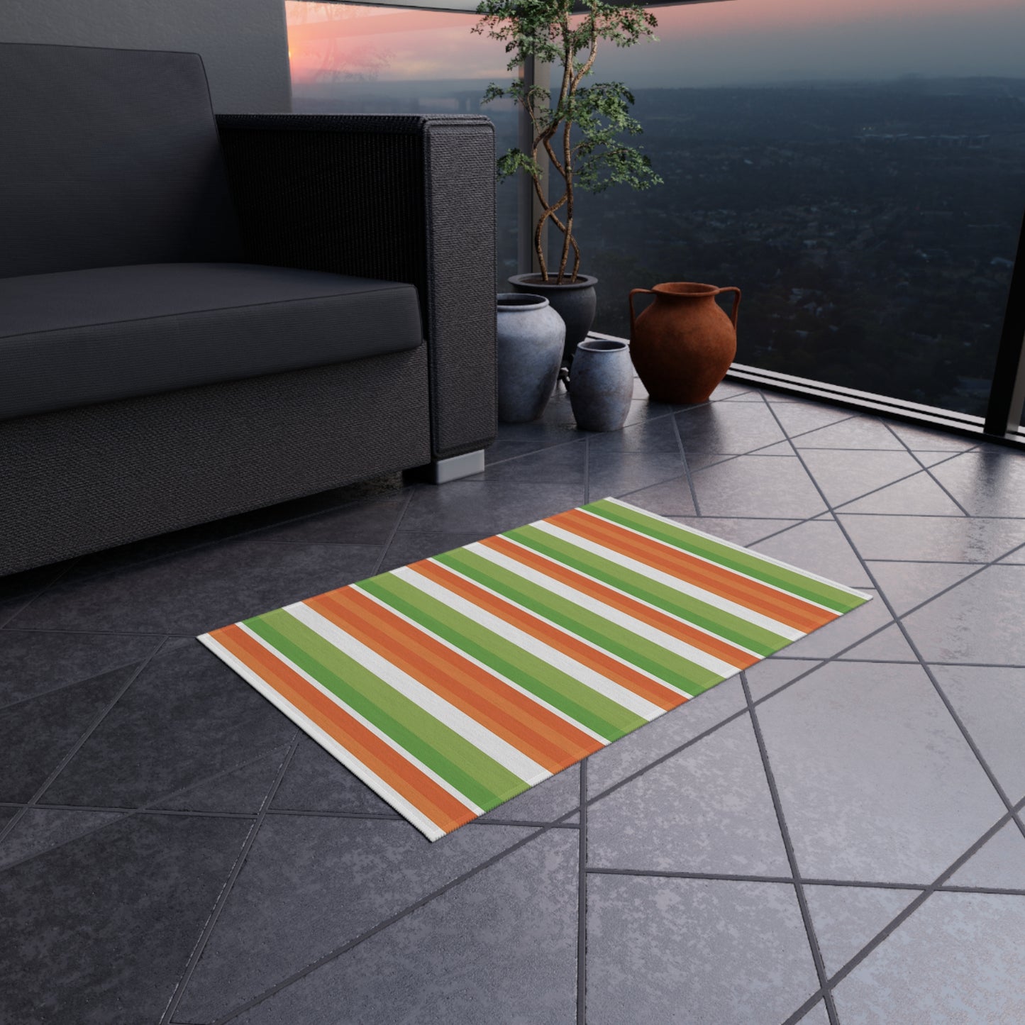 Green Orange White Stripe Outdoor/Indoor Rug | Patio Mat, Weather-Resistant