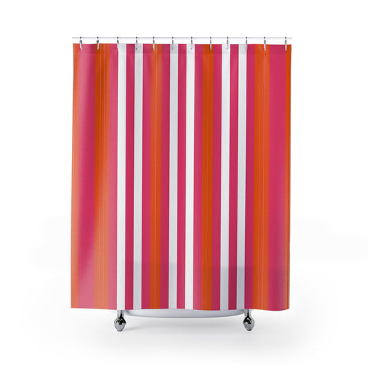 Bold Pink Orange Striped Shower Curtain | Vertical Stripe Bath Curtain