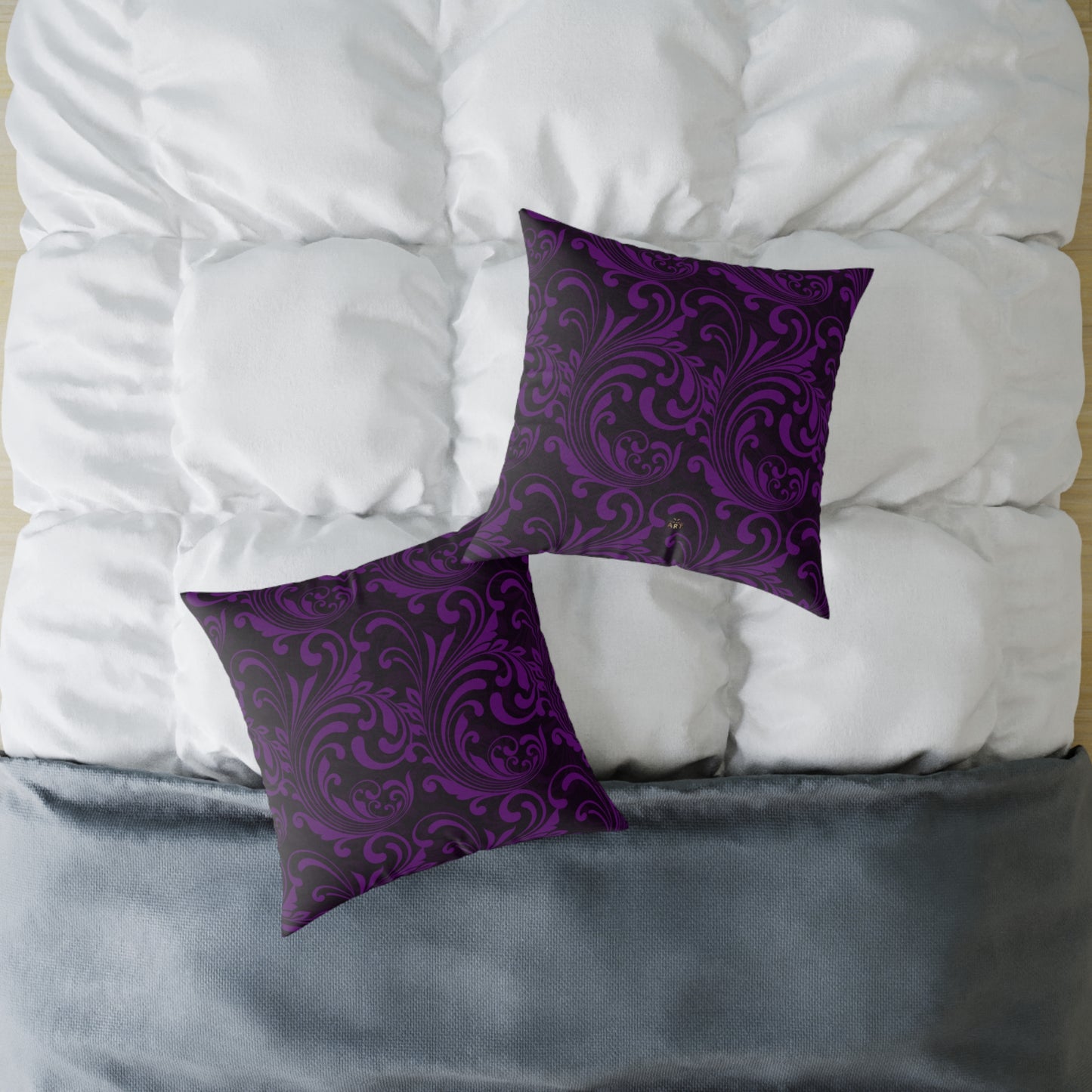 Purple Black Baroque Scroll Pillow | Square Throw Pillow, Dark Floral Damask