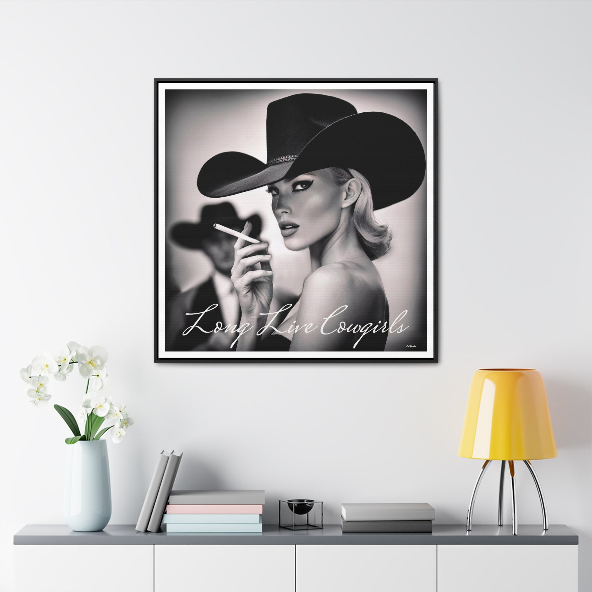Square Frame Wall Art, Fashion Photography, Cowgirl Decor, Gallery Canvas Wraps, Glam Girl Gift, Black and White Photo Print - LOLA VEGAS ART
