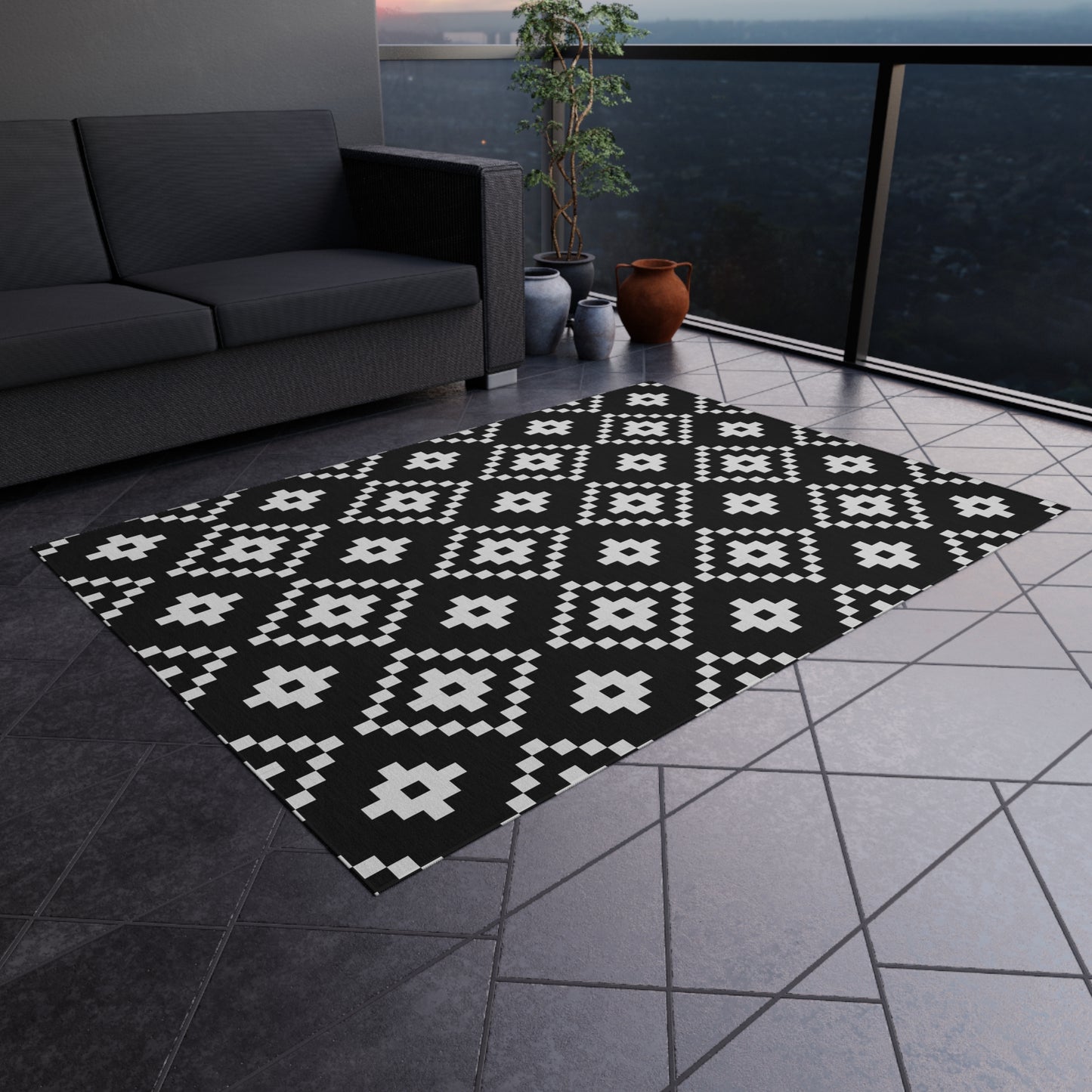 Black White Aztec Diamond Outdoor/Indoor Rug | Geometric Patio Mat