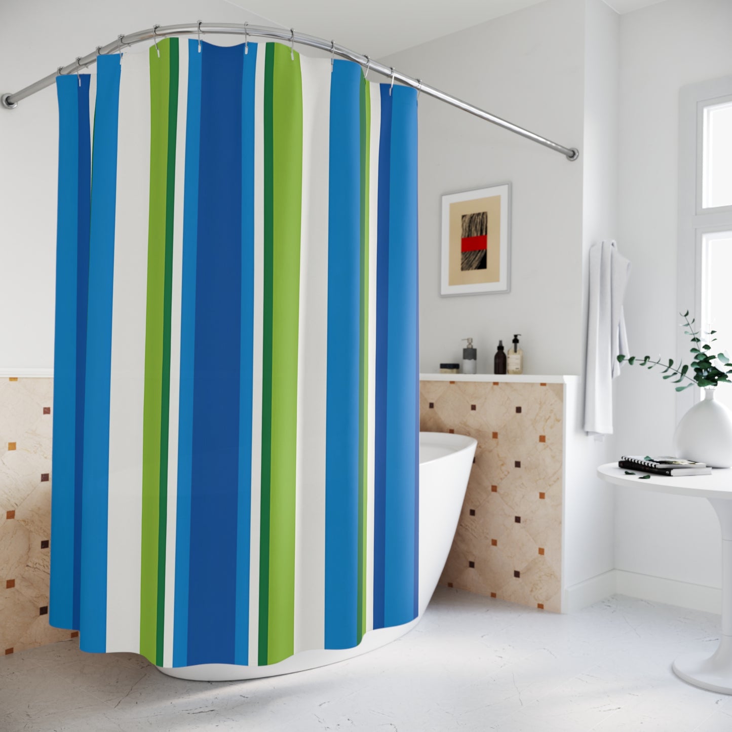 Blue Green Striped Shower Curtain | Coastal Bathroom Stripe Pattern