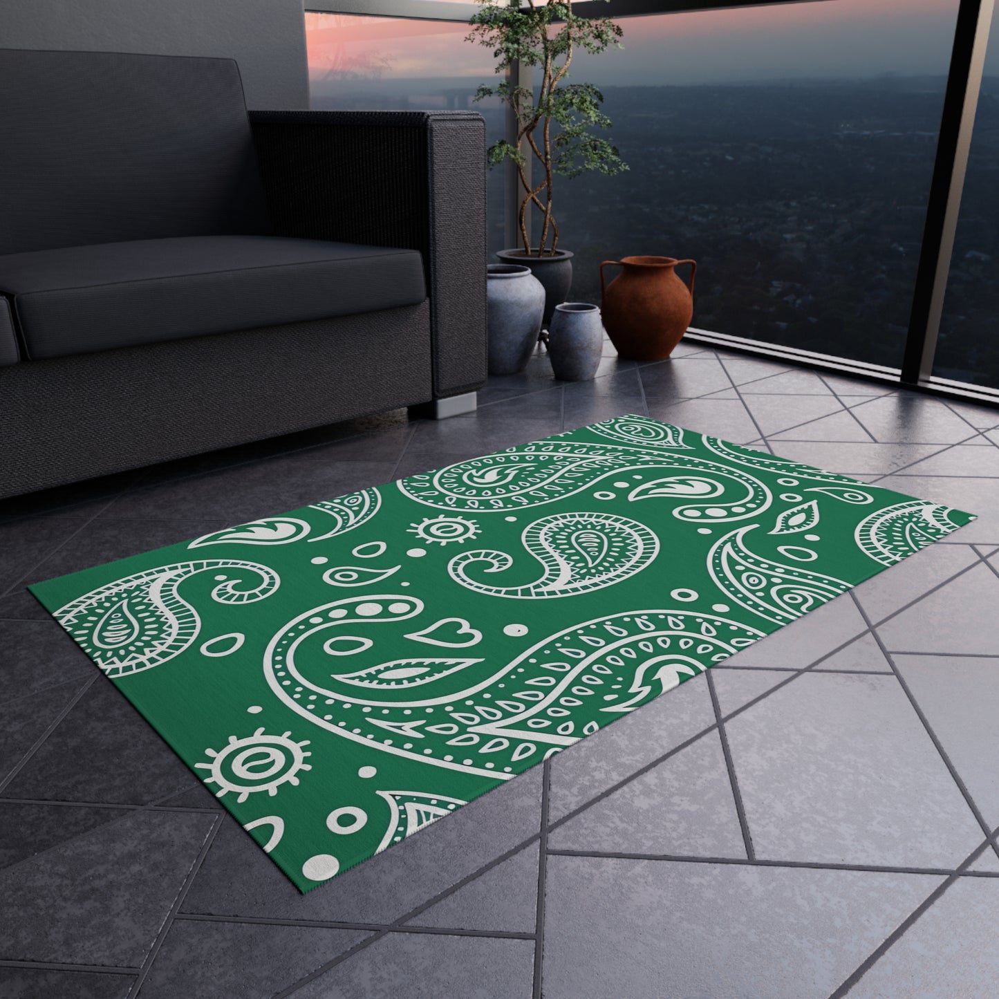 Green Paisley Pattern Outdoor/Indoor Rug | Waterproof Patio Mat