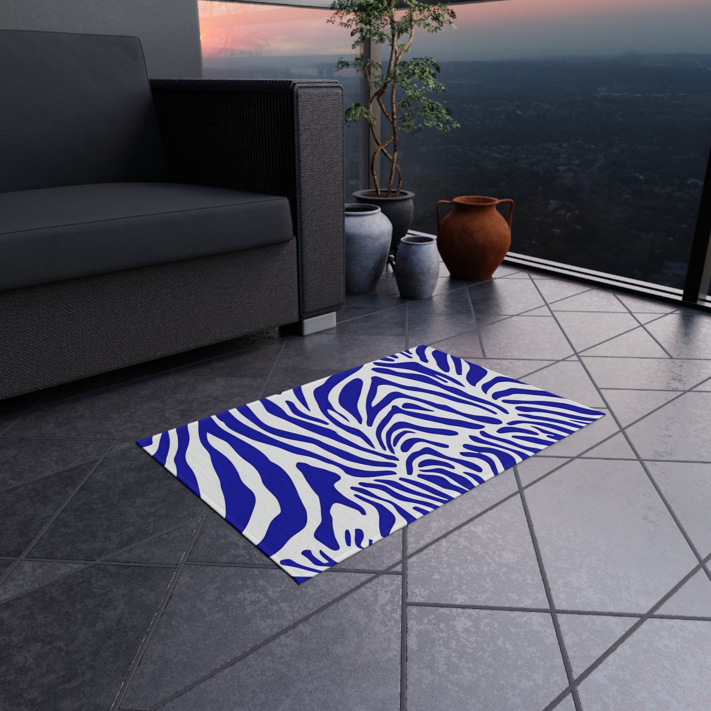 Blue White Zebra Print Outdoor/Indoor Rug | Bold Animal Stripe Patio Mat