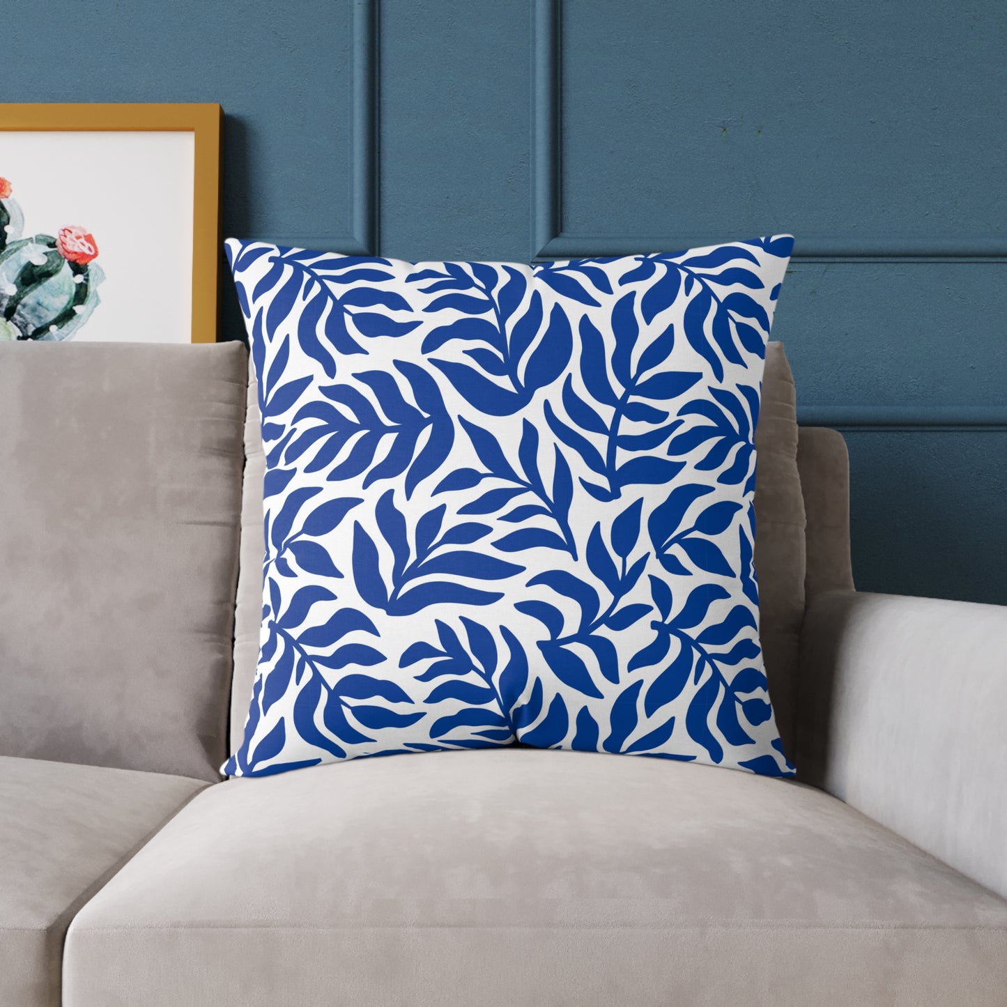 Blue White Leaf Pattern Square Pillow | Botanical Throw Pillow